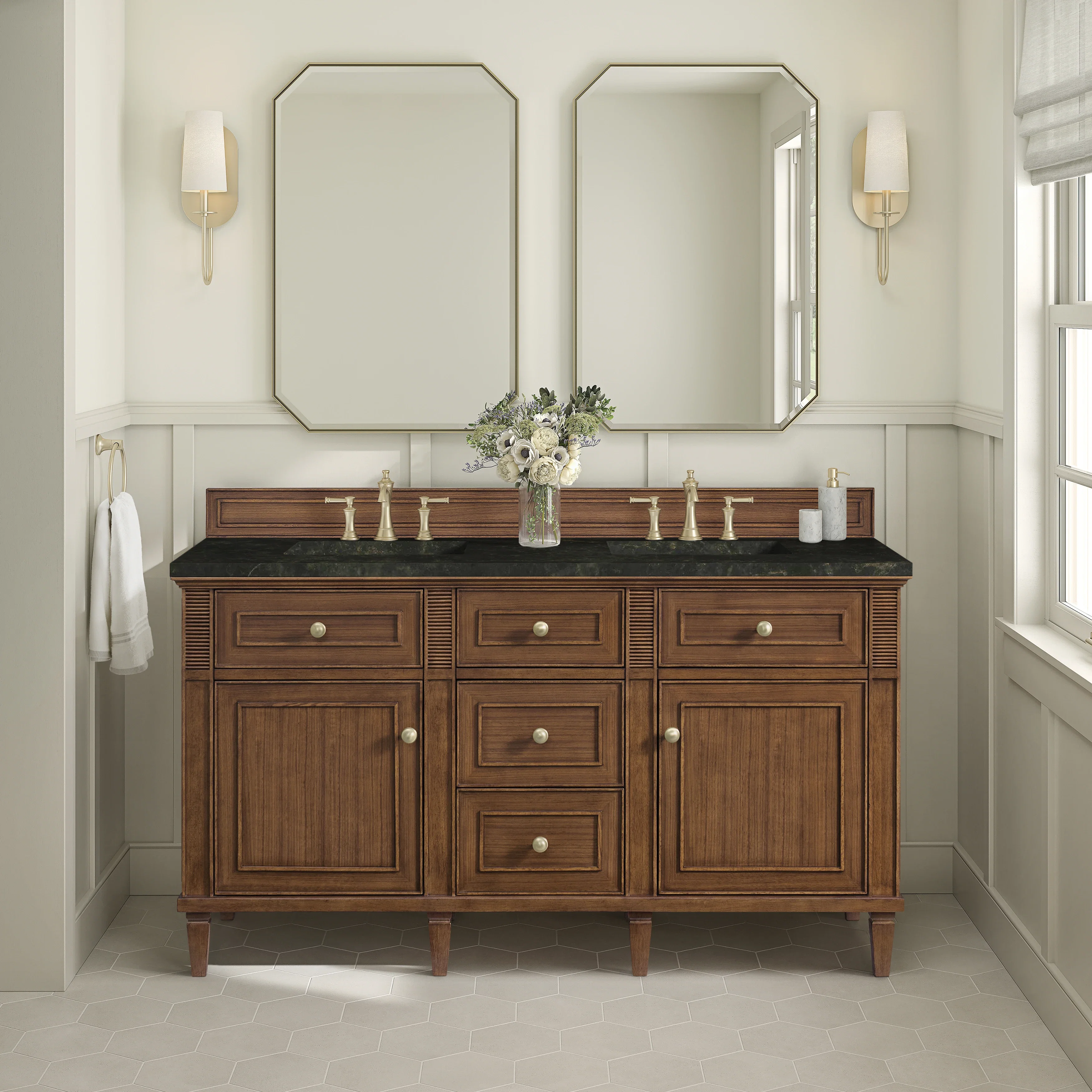Lorelai 60" Double Vanity, Mid-Century Walnut, w/ 3 CM Phantome Eclos Top