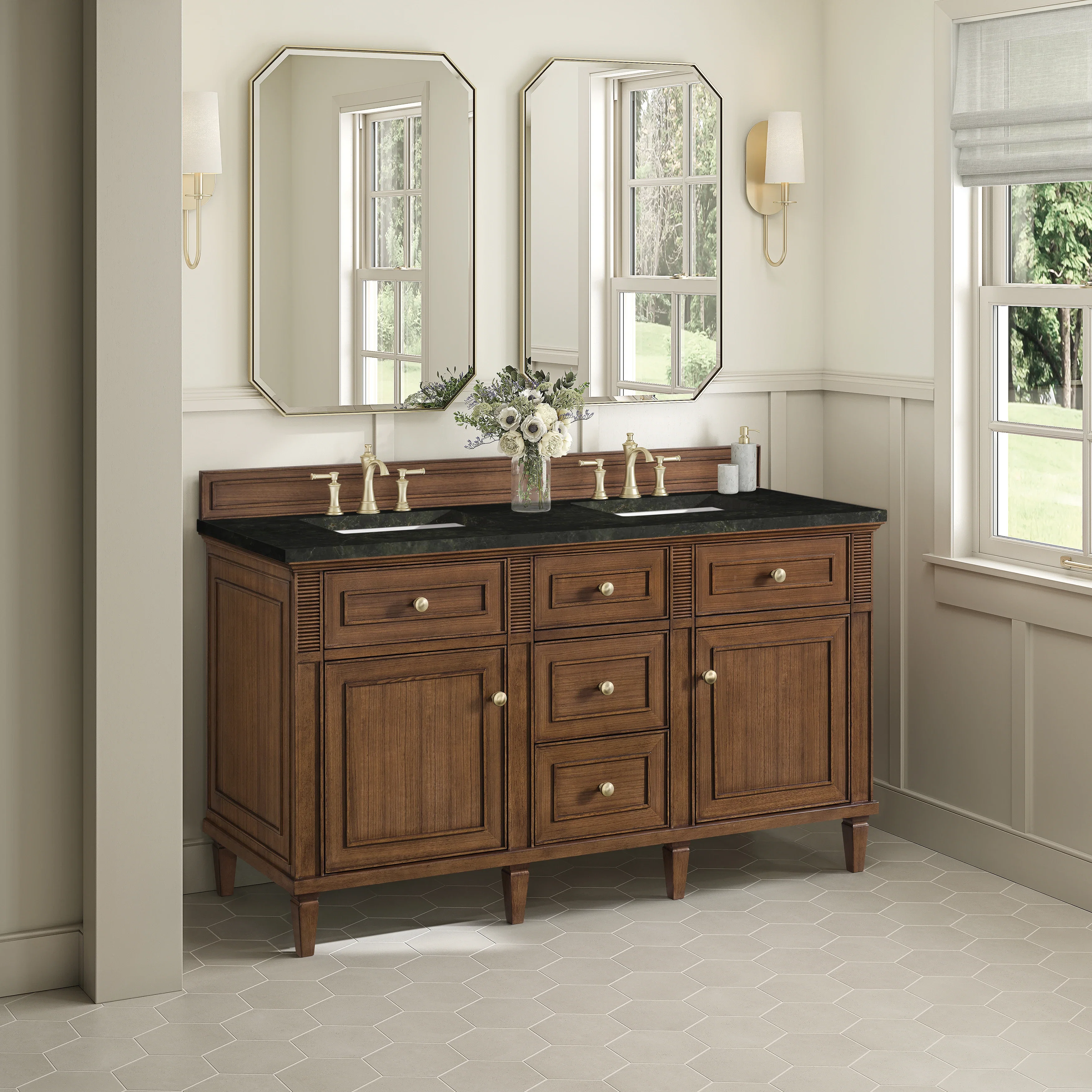 Lorelai 60" Double Vanity, Mid-Century Walnut, w/ 3 CM Phantome Eclos Top