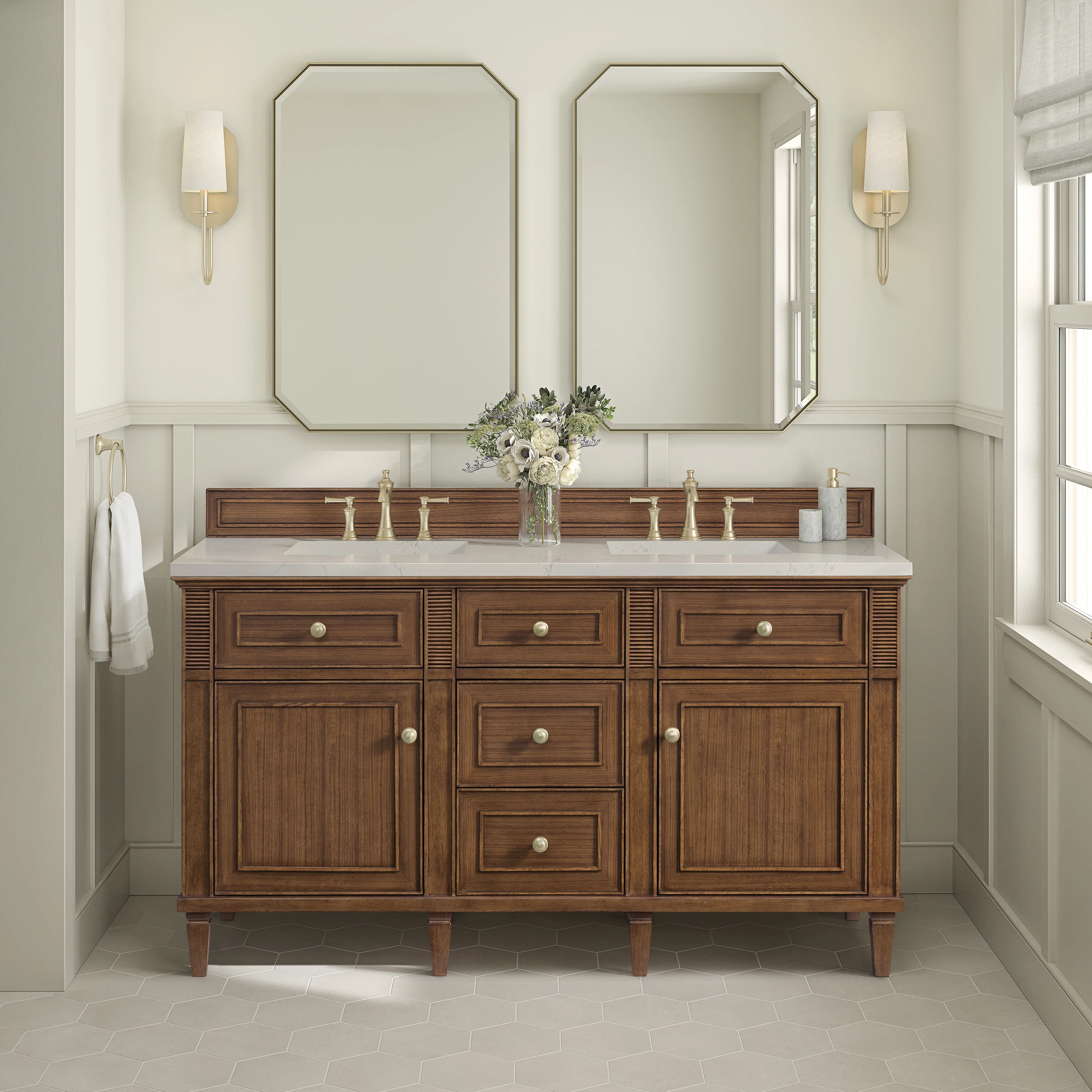 Lorelai 60" Double Vanity, Mid-Century Walnut, w/ 3 CM Siberian Silestone Top