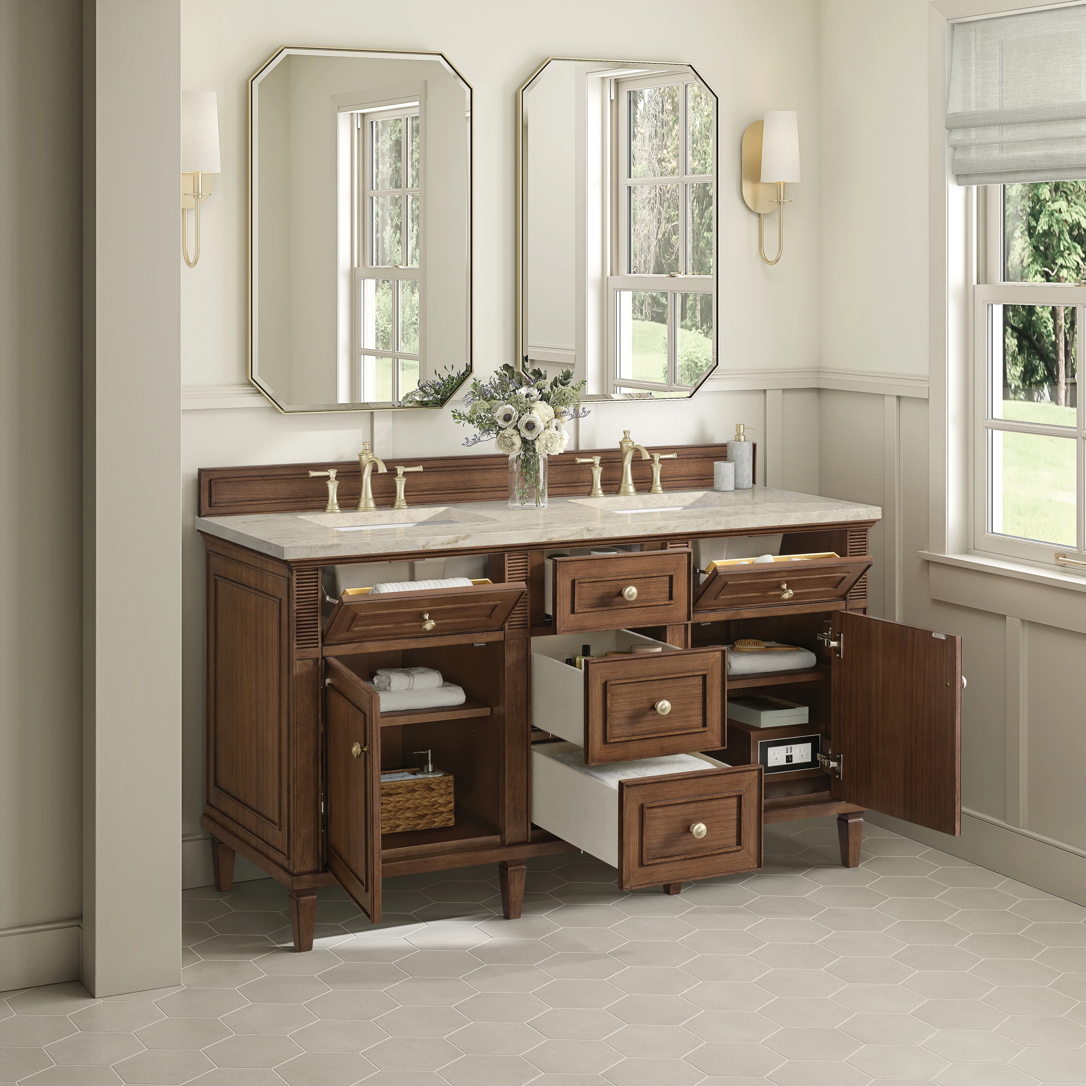Lorelai 60" Double Vanity, Mid-Century Walnut, w/ 3 CM Tajnar Eclos Top