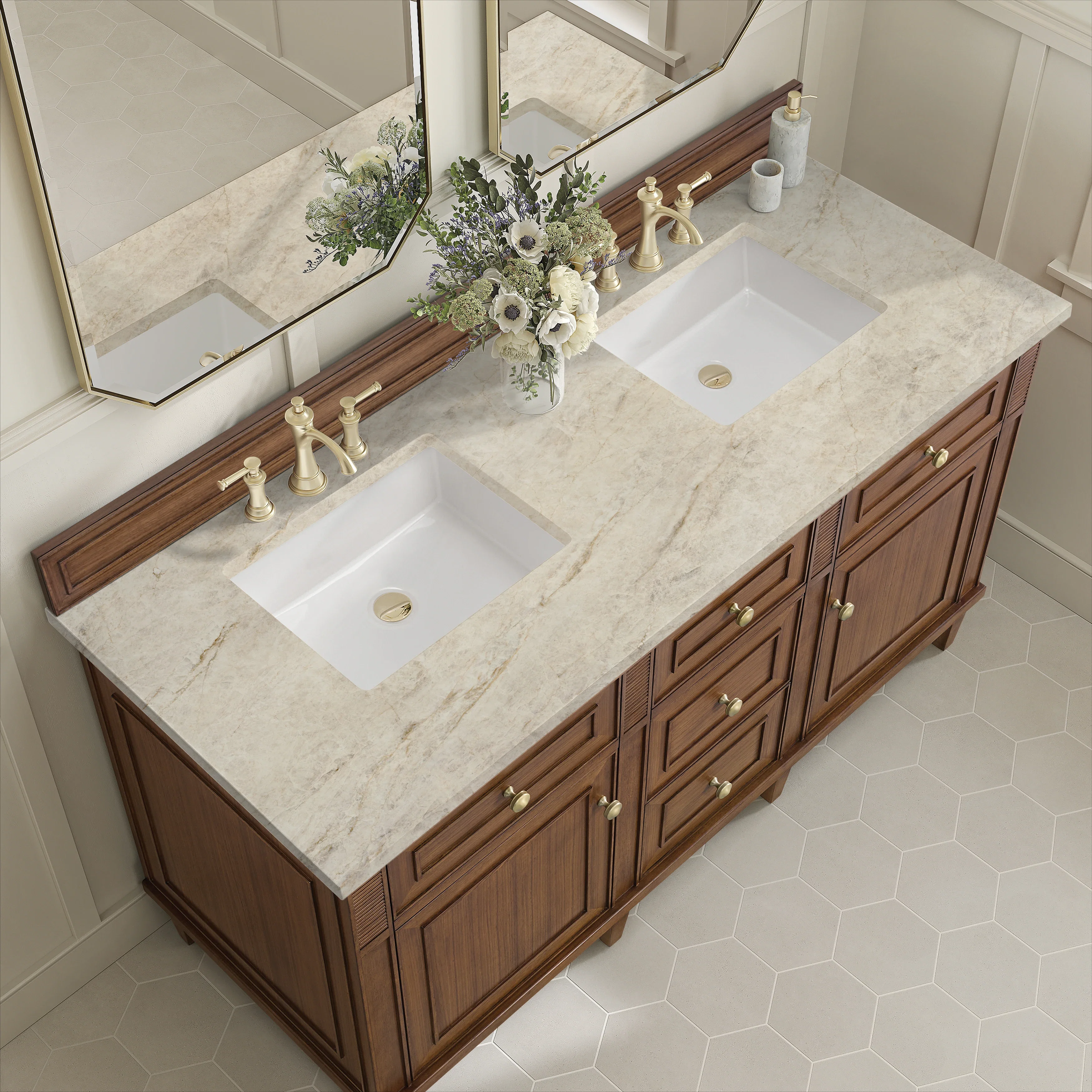 Lorelai 60" Double Vanity, Mid-Century Walnut, w/ 3 CM Tajnar Eclos Top
