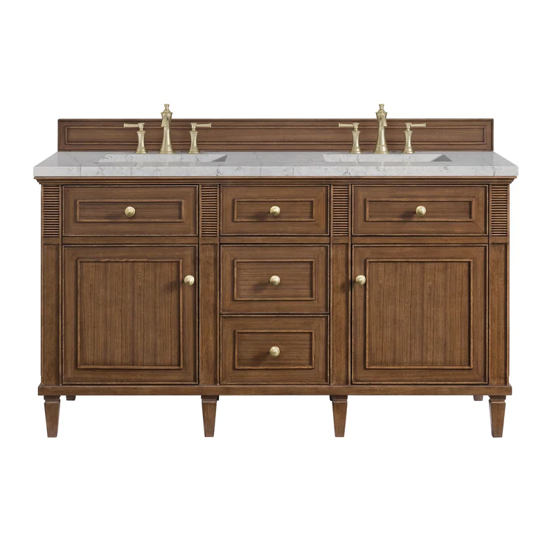 Lorelai 60" Double Vanity, Mid-Century Walnut w/ 3 CM Eternal Jasmine Pearl Silestone Top w/FreePower Wireless Charger