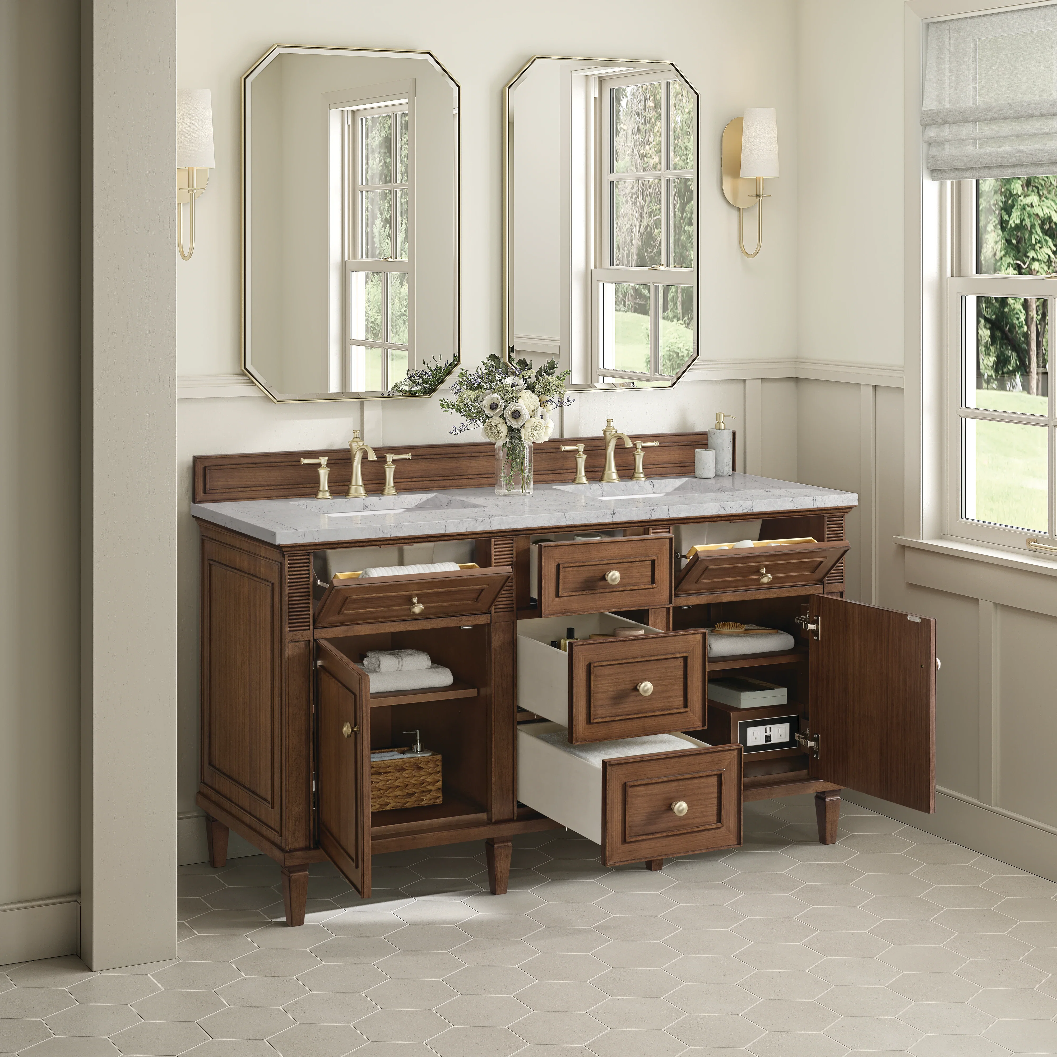Lorelai 60" Double Vanity, Mid-Century Walnut w/ 3 CM Eternal Jasmine Pearl Silestone Top w/FreePower Wireless Charger