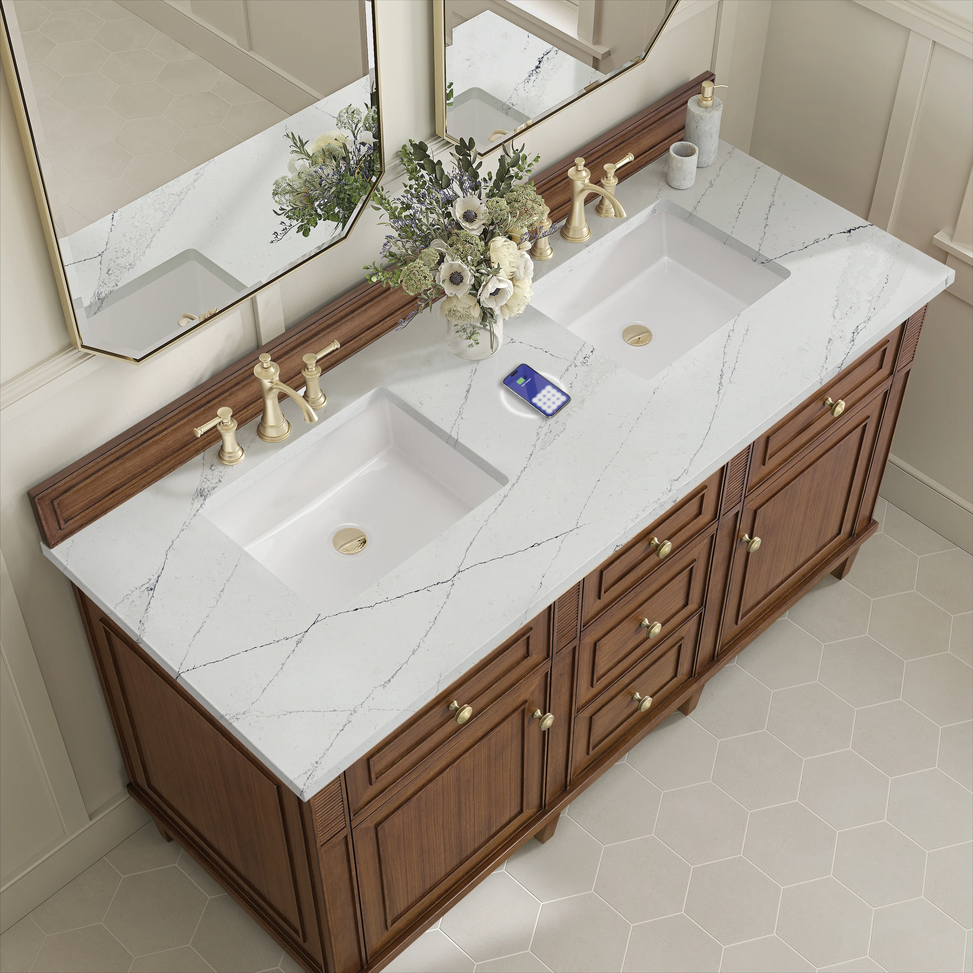 Lorelai 60" Double Vanity, Mid-Century Walnut w/ 3 CM Ethereal Noctis Silestone Top w/FreePower Wireless Charger