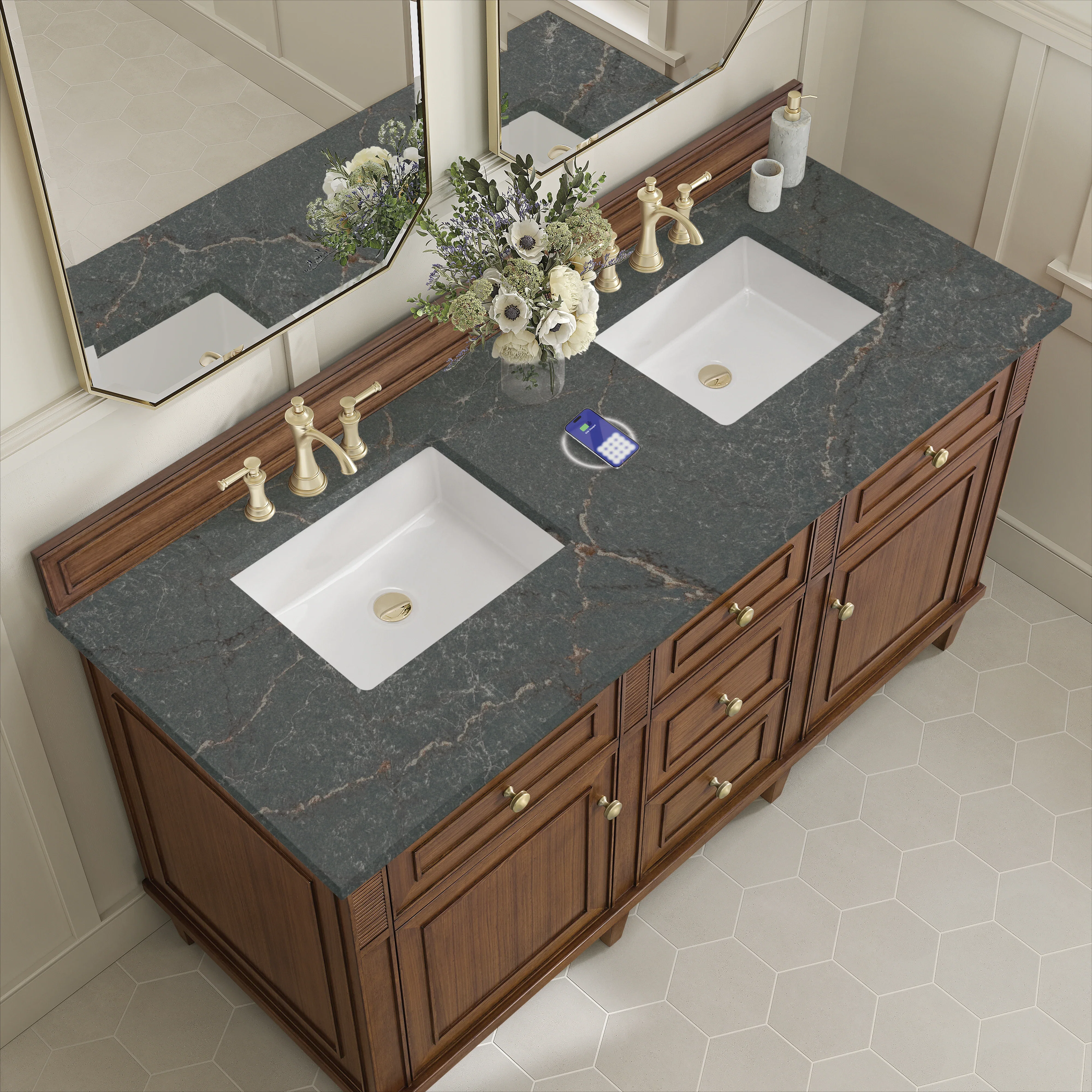 Lorelai 60" Double Vanity, Mid-Century Walnut w/ 3 CM Parisien Bleu Silestone Top w/FreePower Wireless Charger