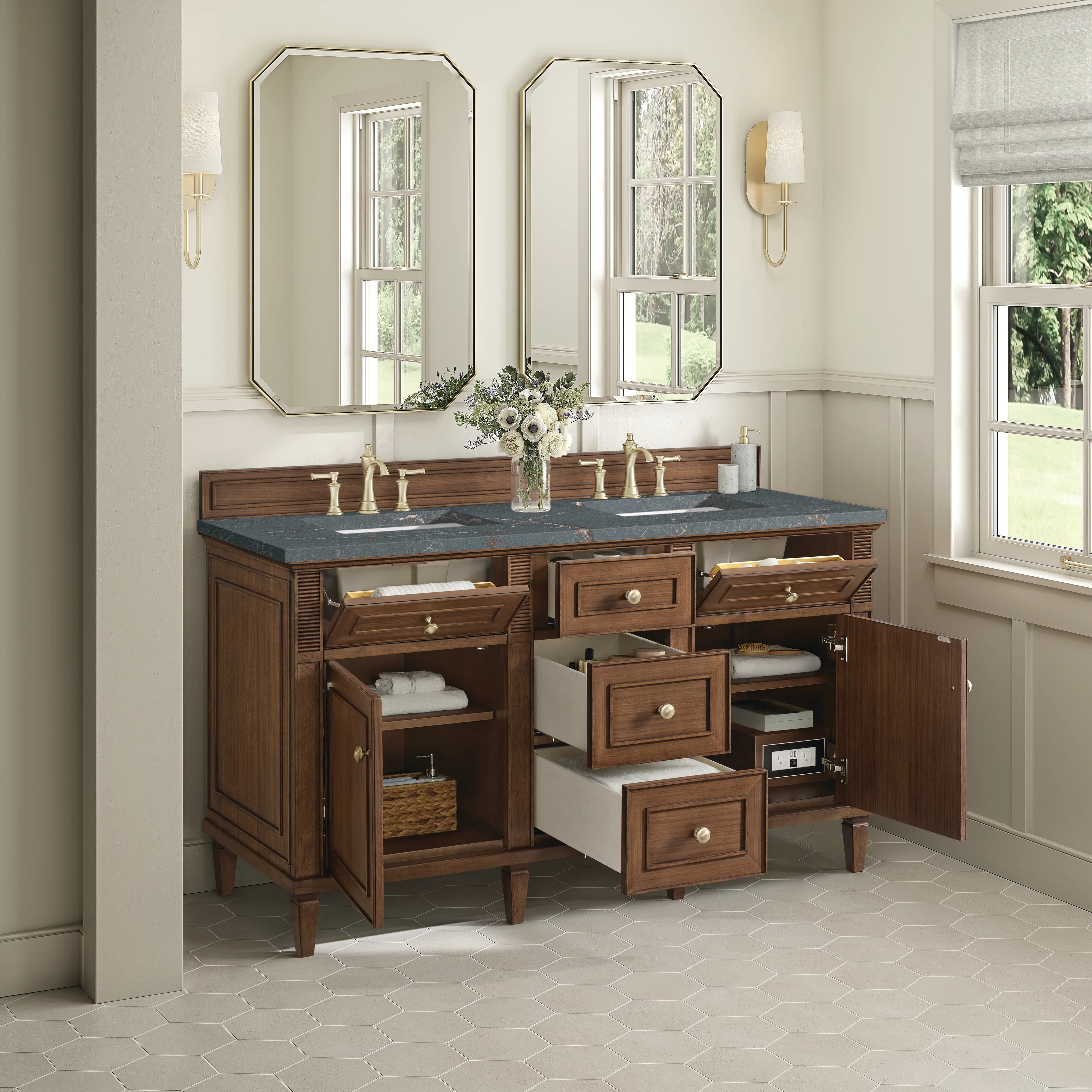 Lorelai 60" Double Vanity, Mid-Century Walnut w/ 3 CM Parisien Bleu Silestone Top w/FreePower Wireless Charger