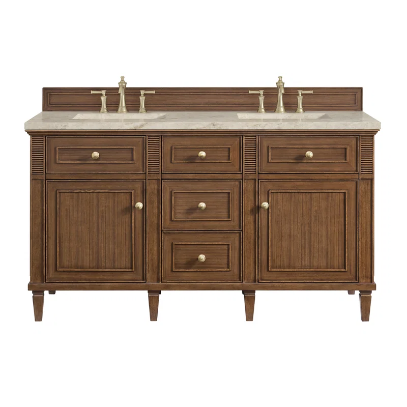 Lorelai 60" Double Vanity, Mid-Century Walnut, w/ 3 CM Tajnar Eclos Top w/FreePower Wireless Charger