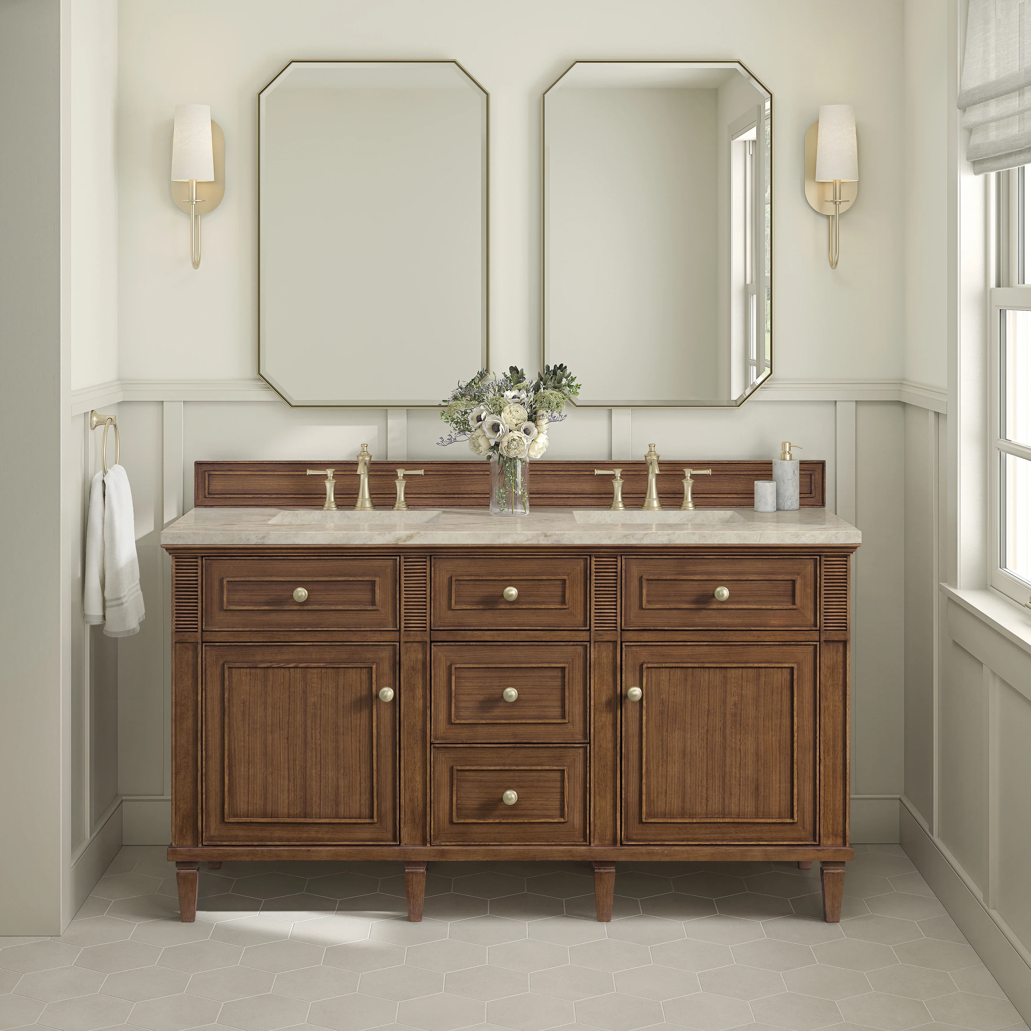 Lorelai 60" Double Vanity, Mid-Century Walnut, w/ 3 CM Tajnar Eclos Top w/FreePower Wireless Charger