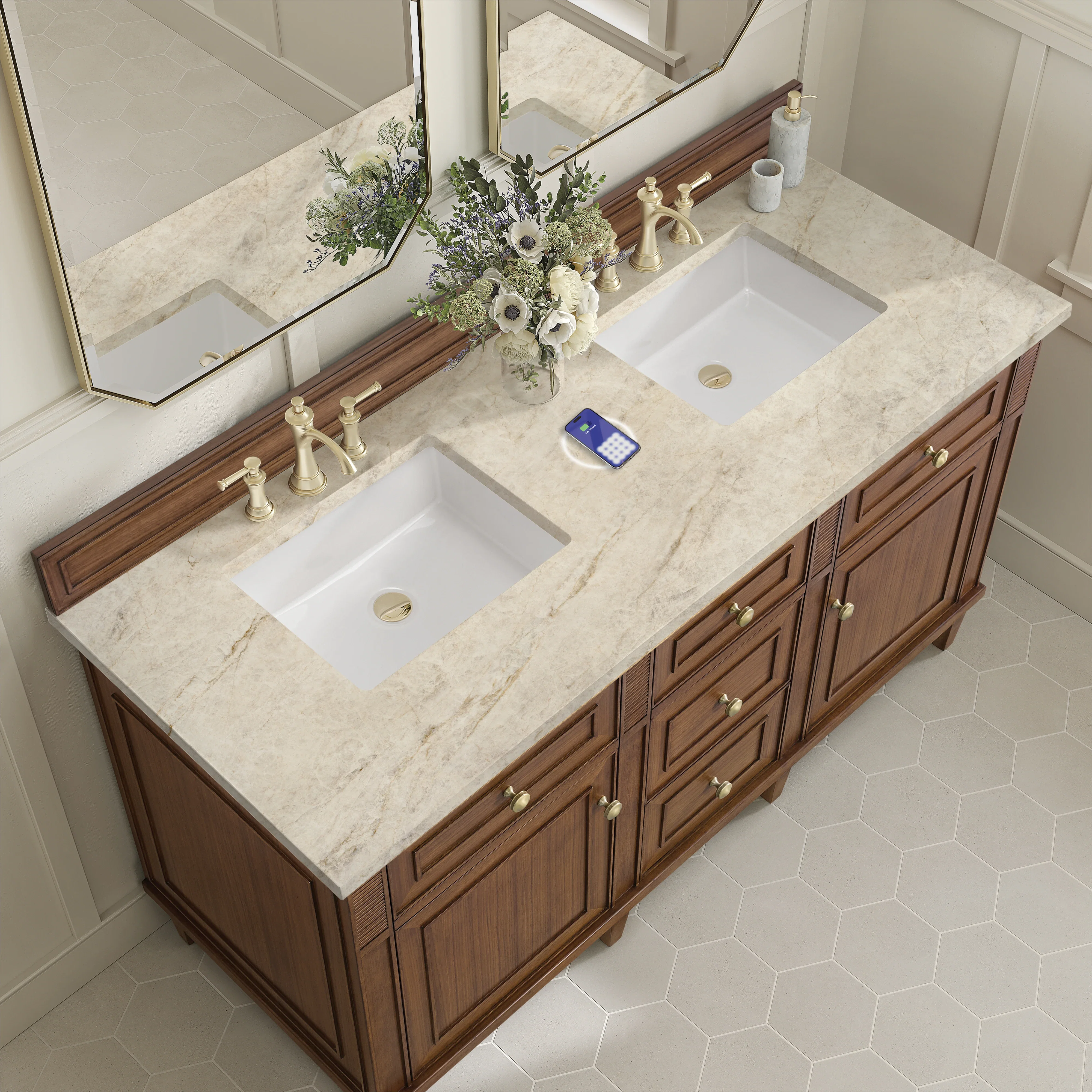 Lorelai 60" Double Vanity, Mid-Century Walnut, w/ 3 CM Tajnar Eclos Top w/FreePower Wireless Charger