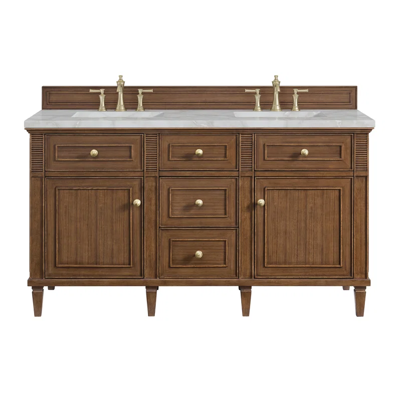 Lorelai 60" Double Vanity, Mid-Century Walnut w/ 3 CM Victorian Silver Silestone Top w/FreePower Wireless Charger