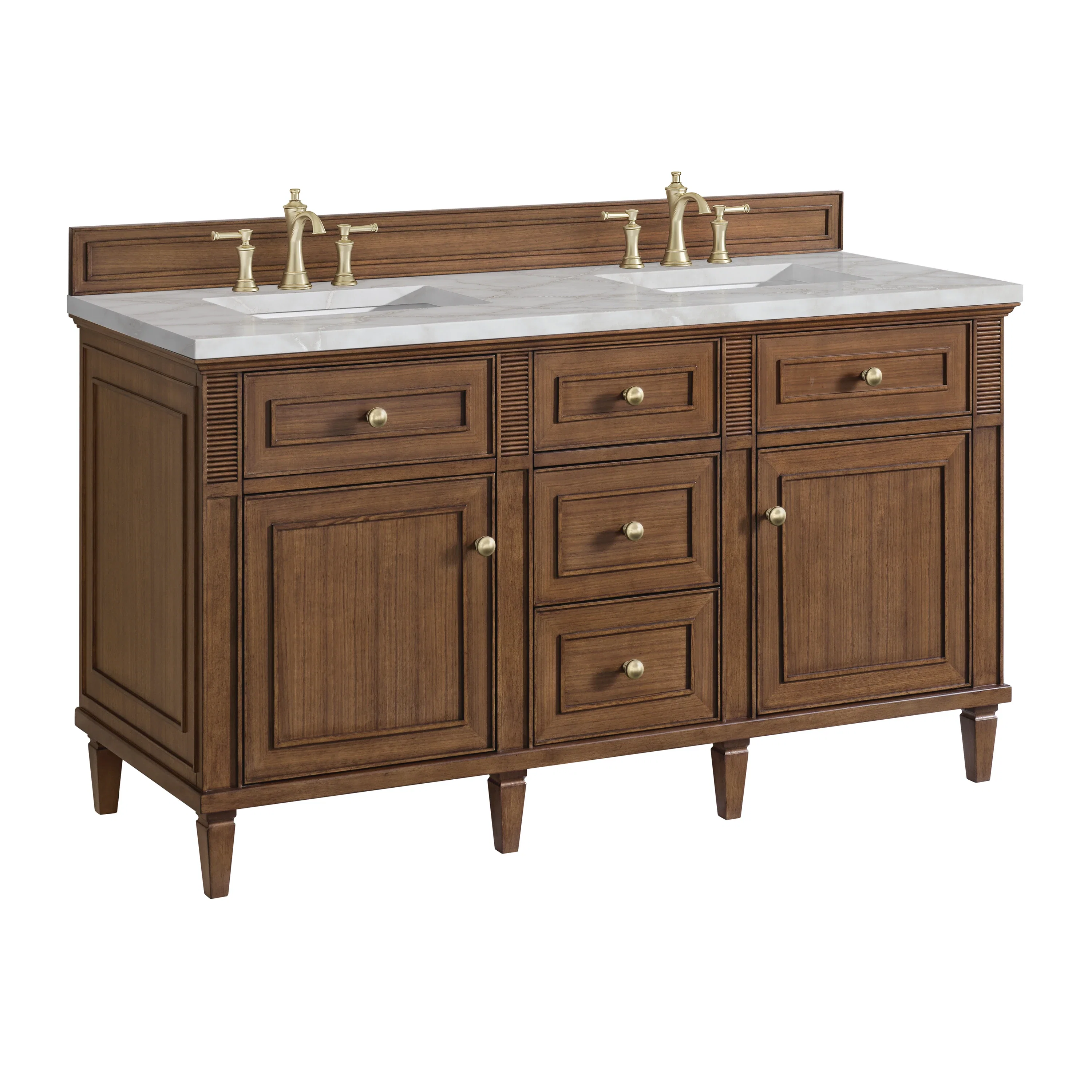Lorelai 60" Double Vanity, Mid-Century Walnut w/ 3 CM Victorian Silver Silestone Top w/FreePower Wireless Charger