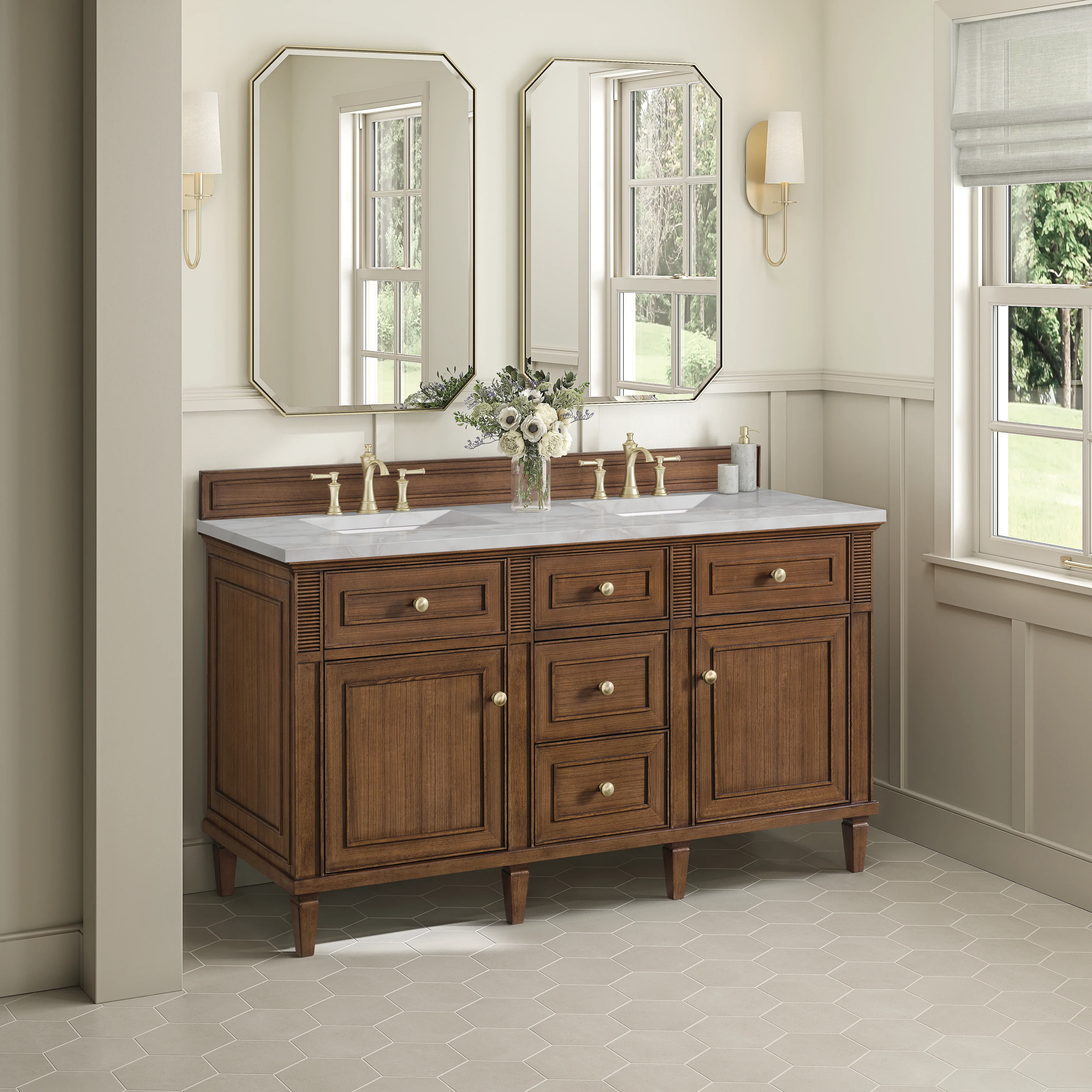 Lorelai 60" Double Vanity, Mid-Century Walnut w/ 3 CM Victorian Silver Silestone Top w/FreePower Wireless Charger