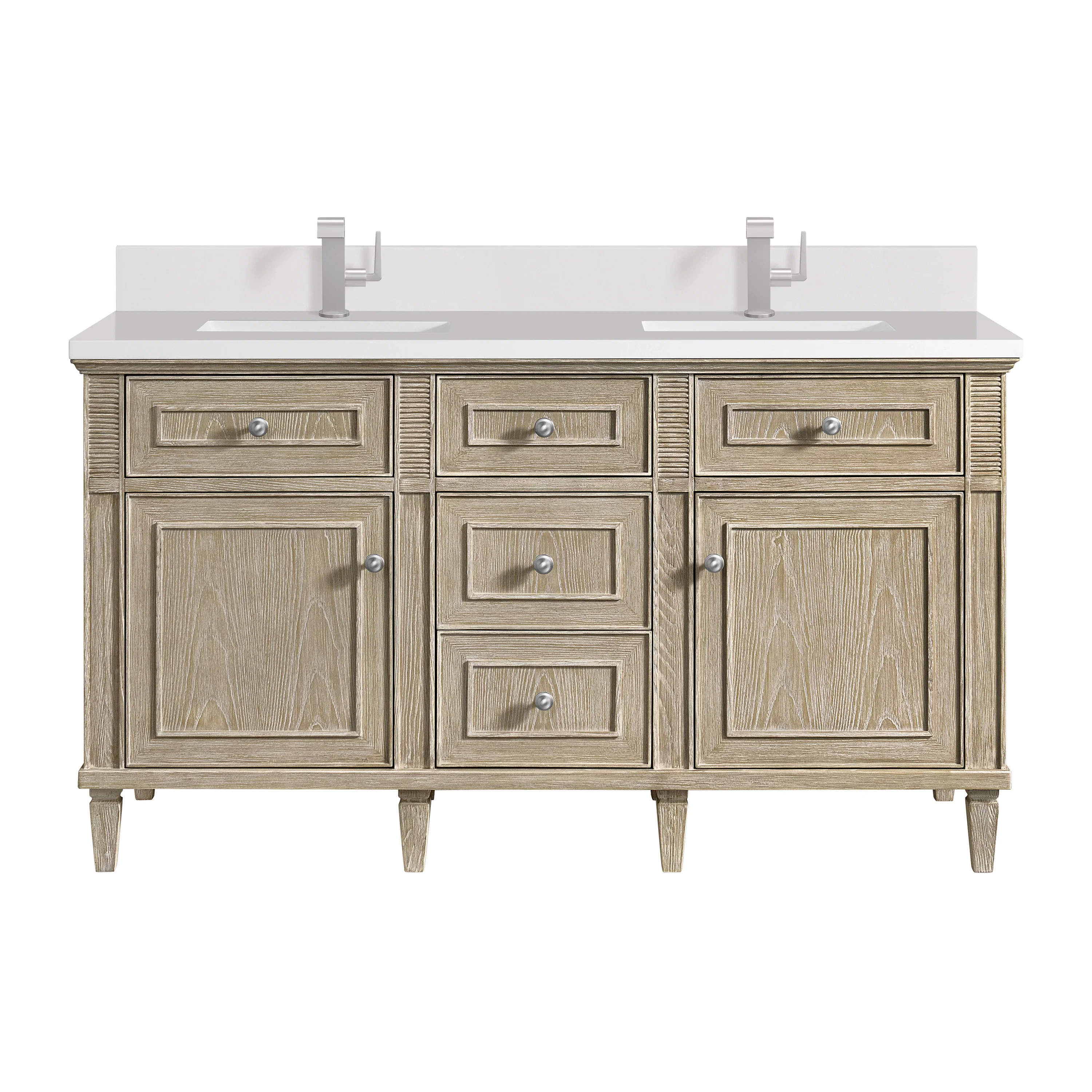 Lorelai 60" Double Vanity, Whitewashed Oak w/ Single Hole 3 CM White Zeus Silestone Top & Backsplash
