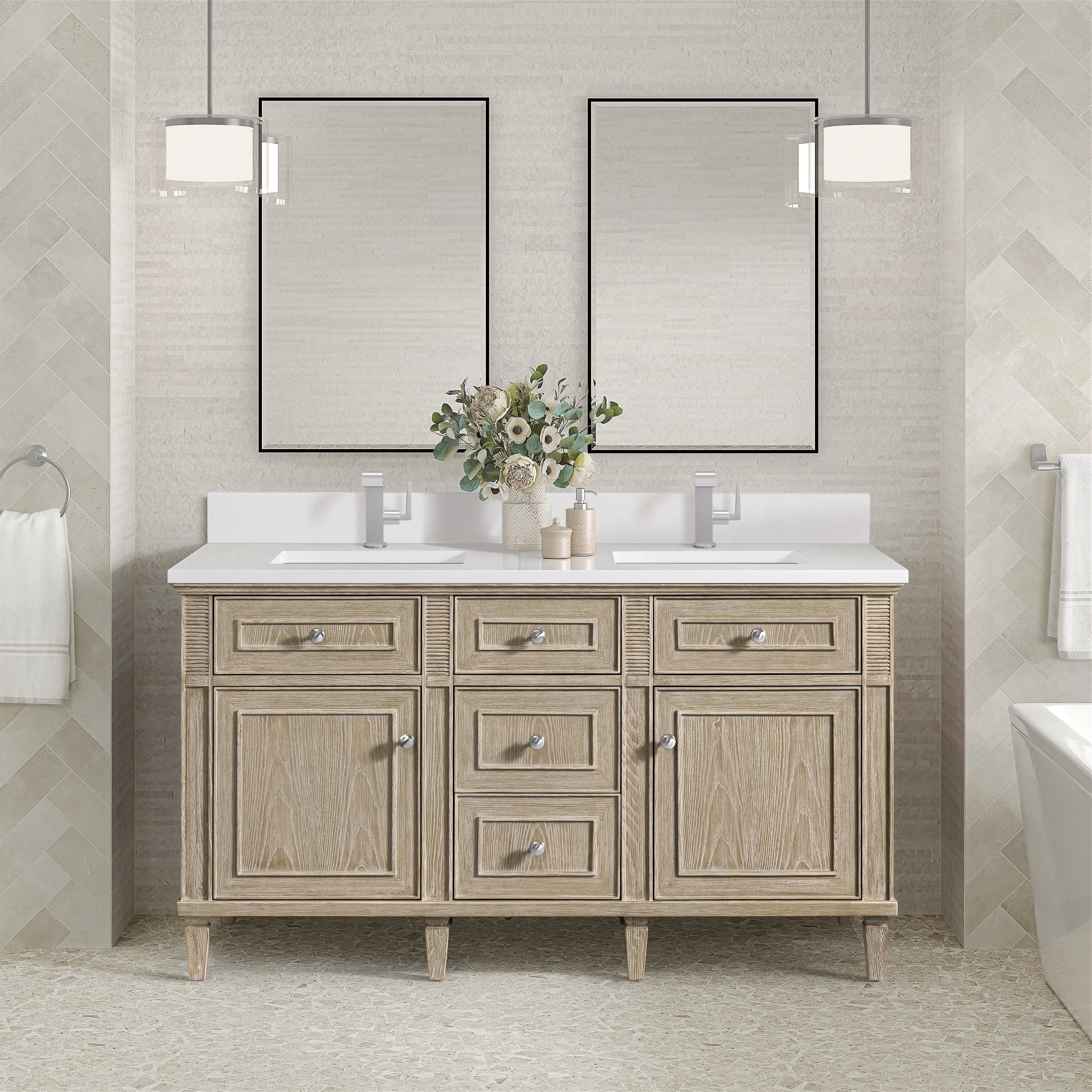 Lorelai 60" Double Vanity, Whitewashed Oak w/ Single Hole 3 CM White Zeus Silestone Top & Backsplash