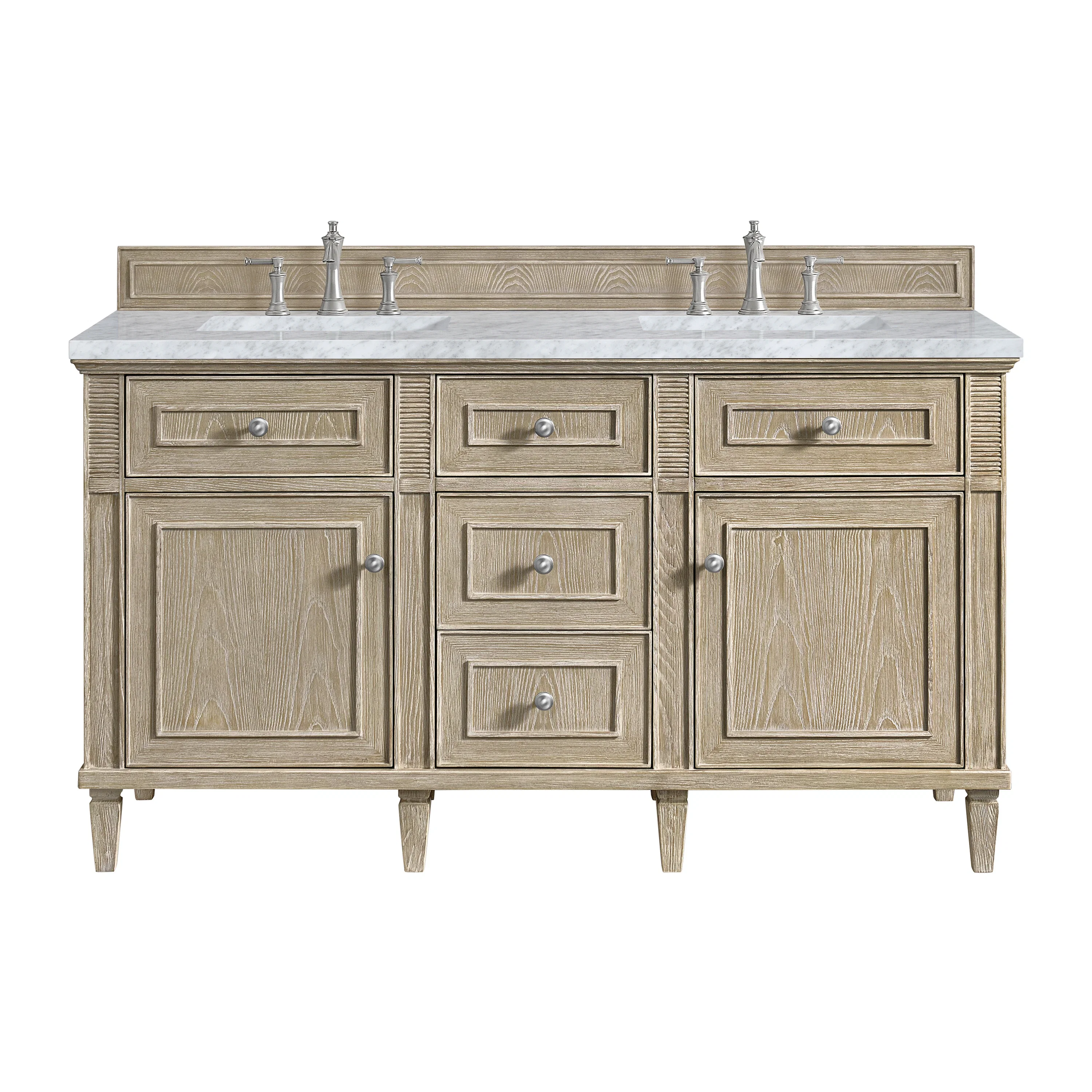 Lorelai 60" Double Vanity, Whitewashed Oak w/ 3 CM Carrara White Marble Top