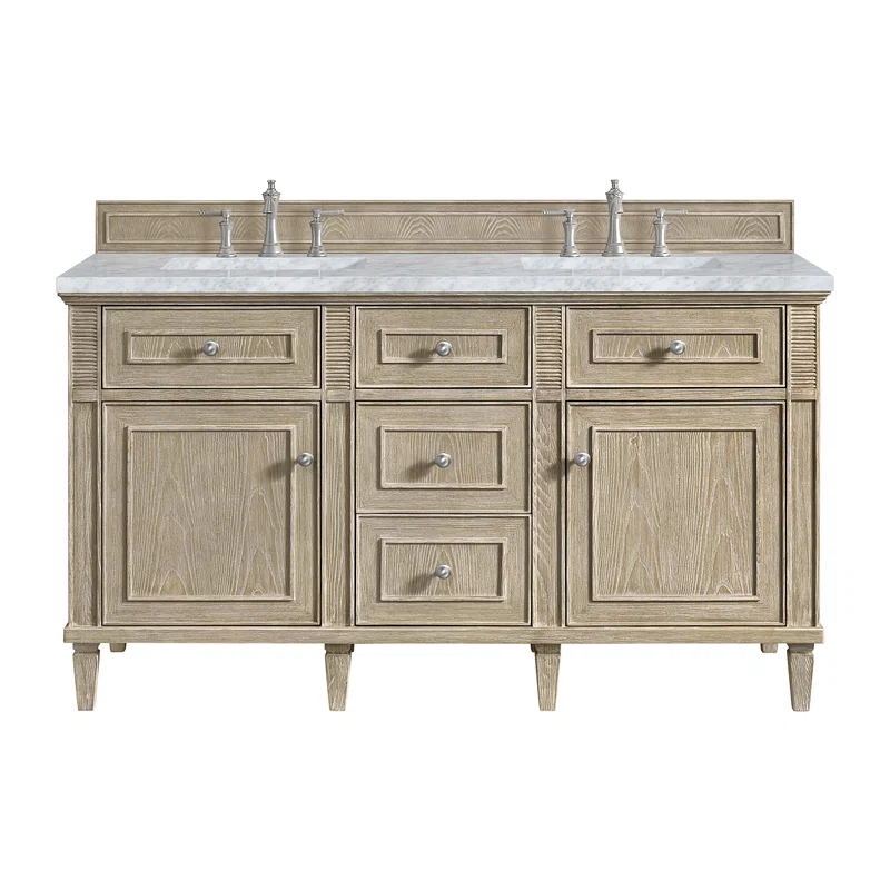 Lorelai 60" Double Vanity, Whitewashed Oak w/ 3 CM Carrara White Marble Top