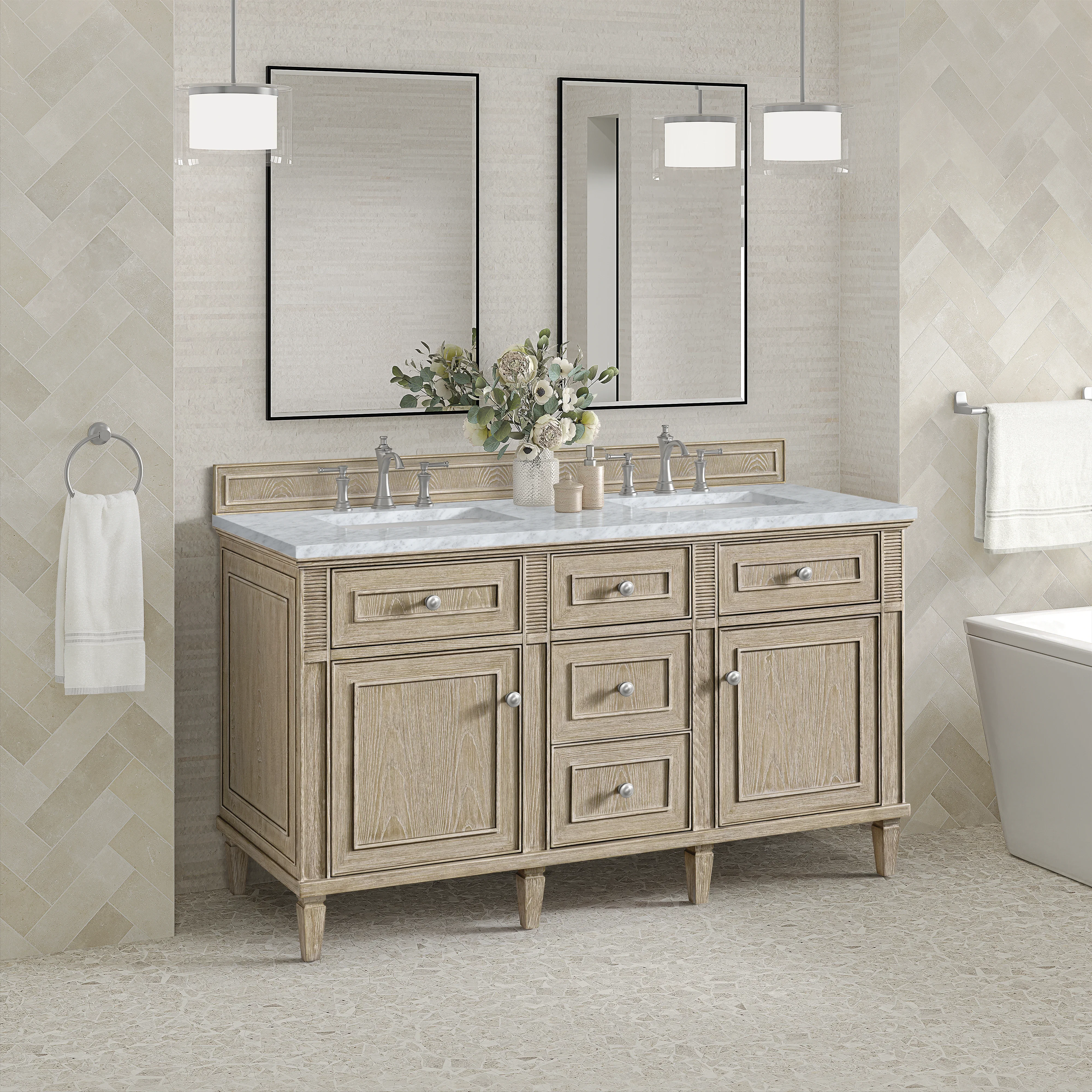 Lorelai 60" Double Vanity, Whitewashed Oak w/ 3 CM Carrara White Marble Top