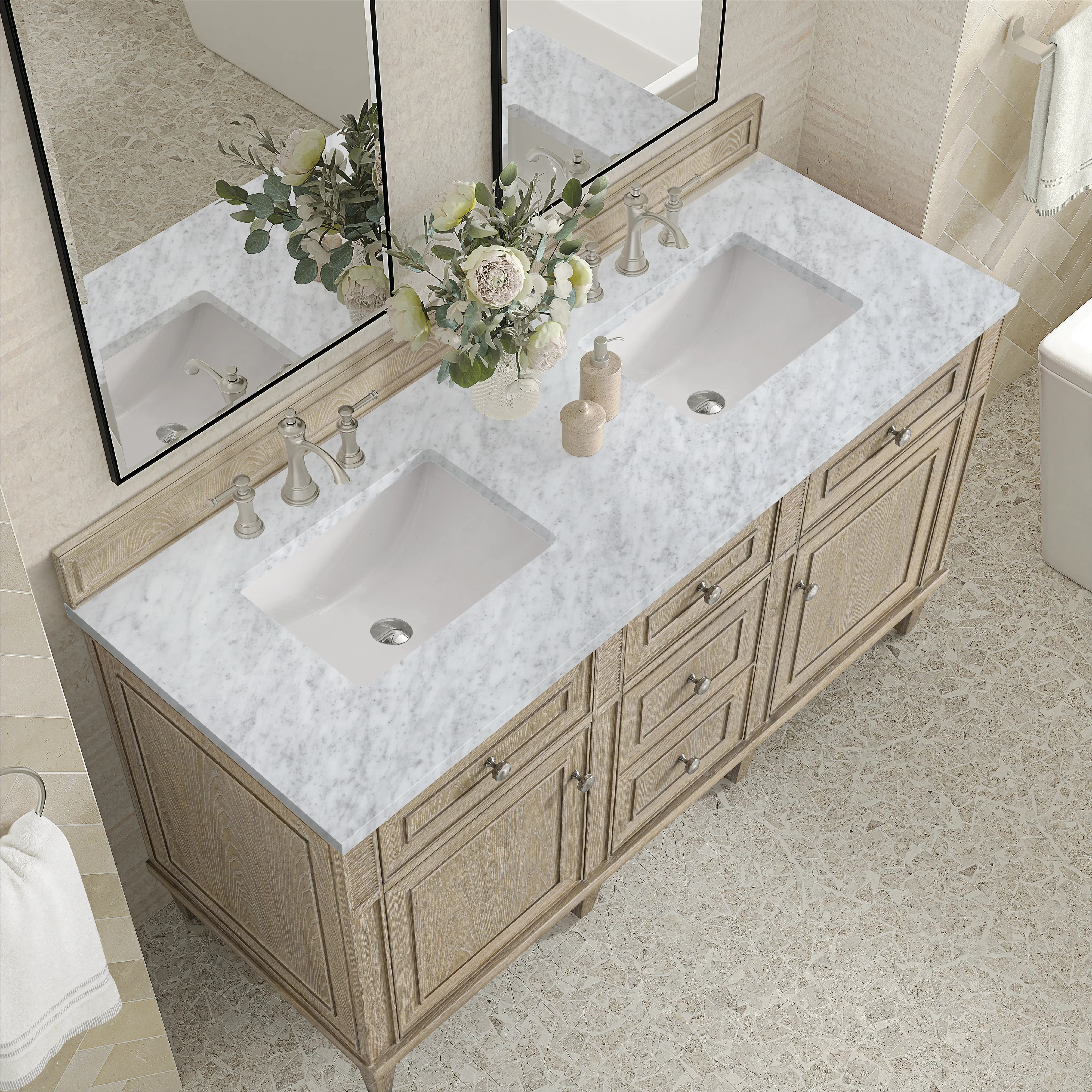 Lorelai 60" Double Vanity, Whitewashed Oak w/ 3 CM Carrara White Marble Top