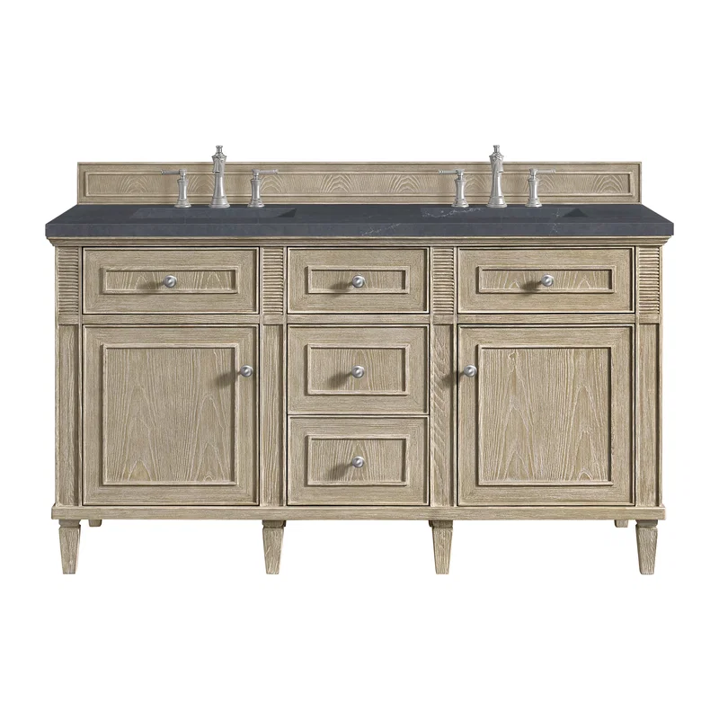 Lorelai 60" Double Vanity, Whitewashed Oak w/ 3 CM Charcoal Soapstone Silestone Top