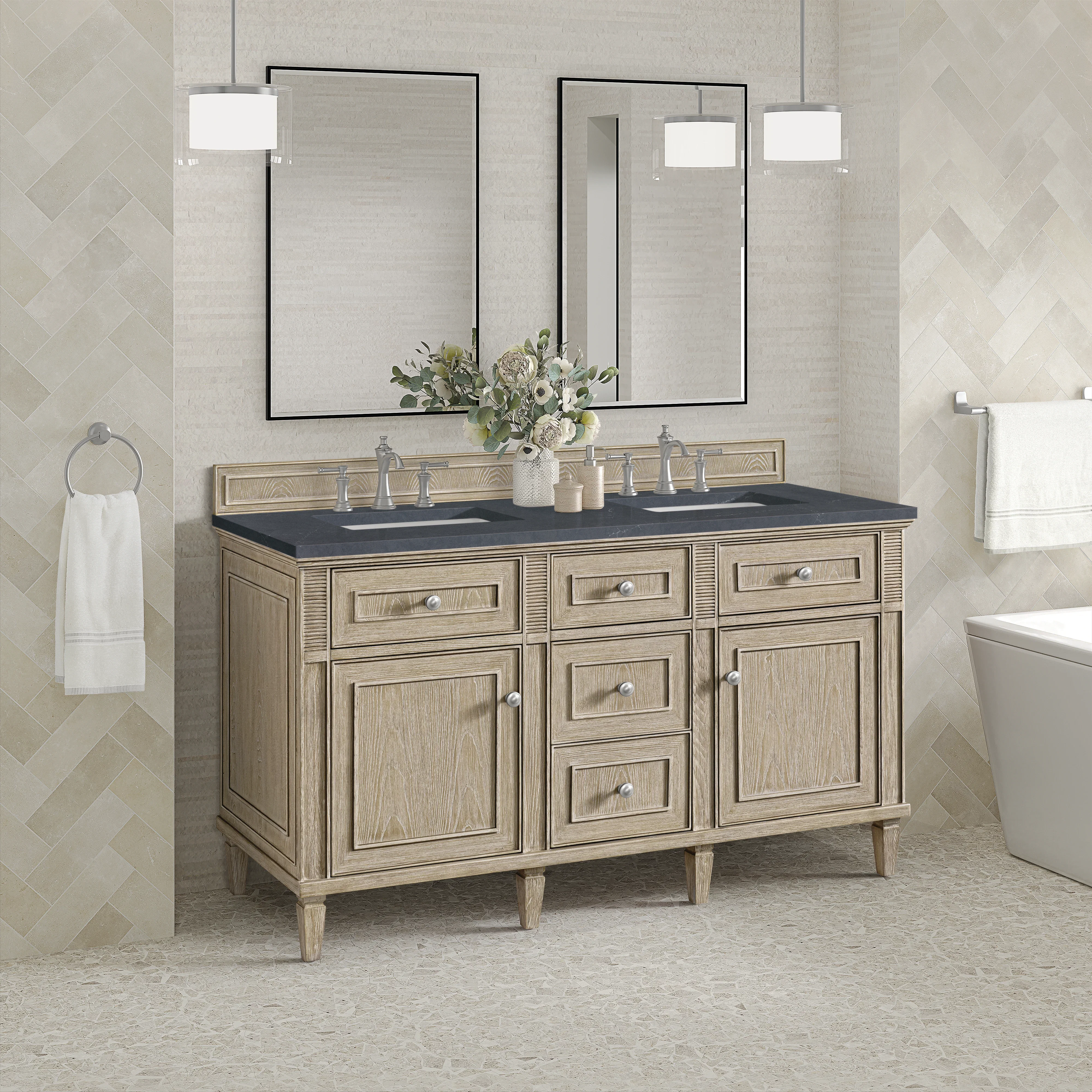 Lorelai 60" Double Vanity, Whitewashed Oak w/ 3 CM Charcoal Soapstone Silestone Top