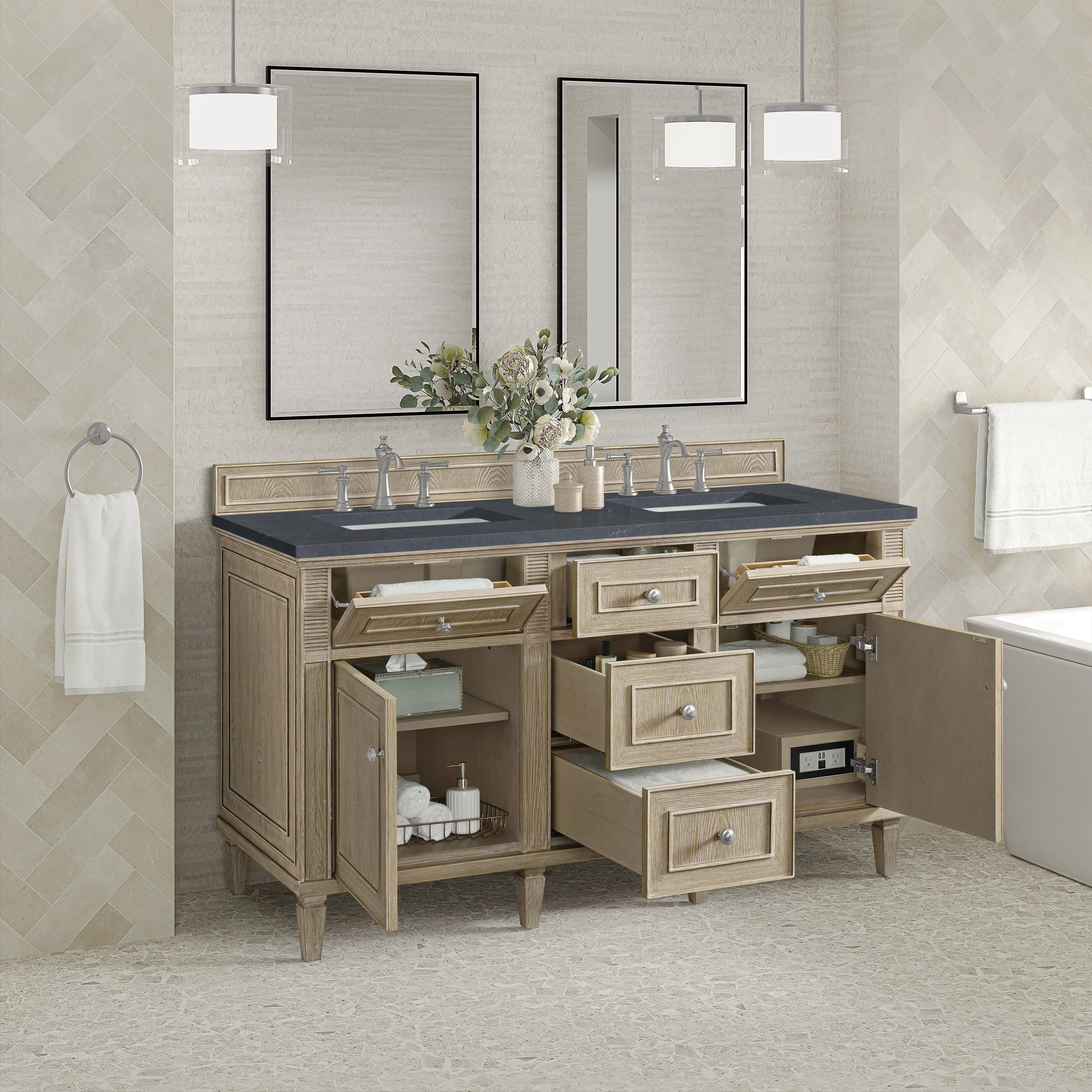 Lorelai 60" Double Vanity, Whitewashed Oak w/ 3 CM Charcoal Soapstone Silestone Top