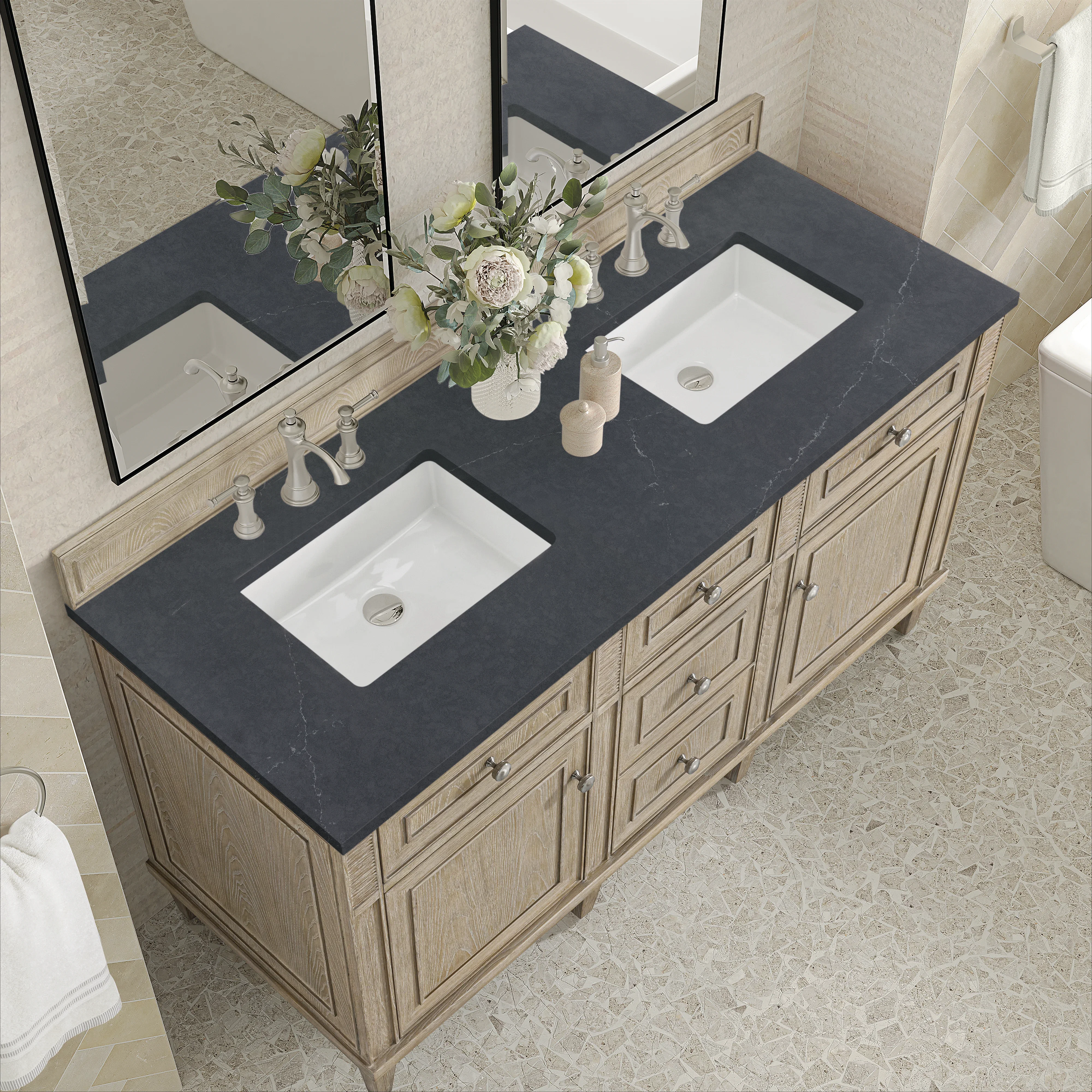 Lorelai 60" Double Vanity, Whitewashed Oak w/ 3 CM Charcoal Soapstone Silestone Top