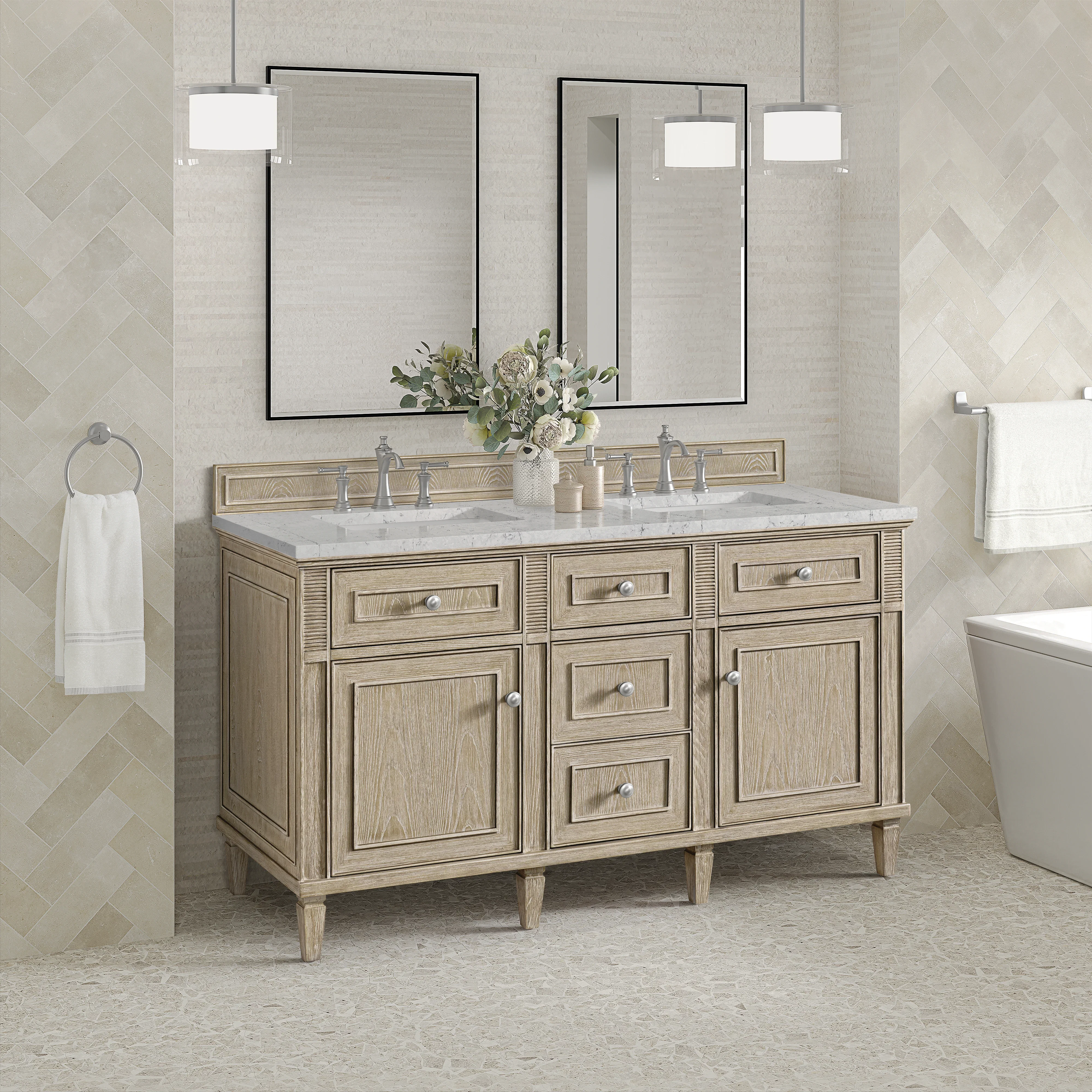 Lorelai 60" Double Vanity, Whitewashed Oak w/ 3 CM Eternal Jasmine Pearl Silestone Top