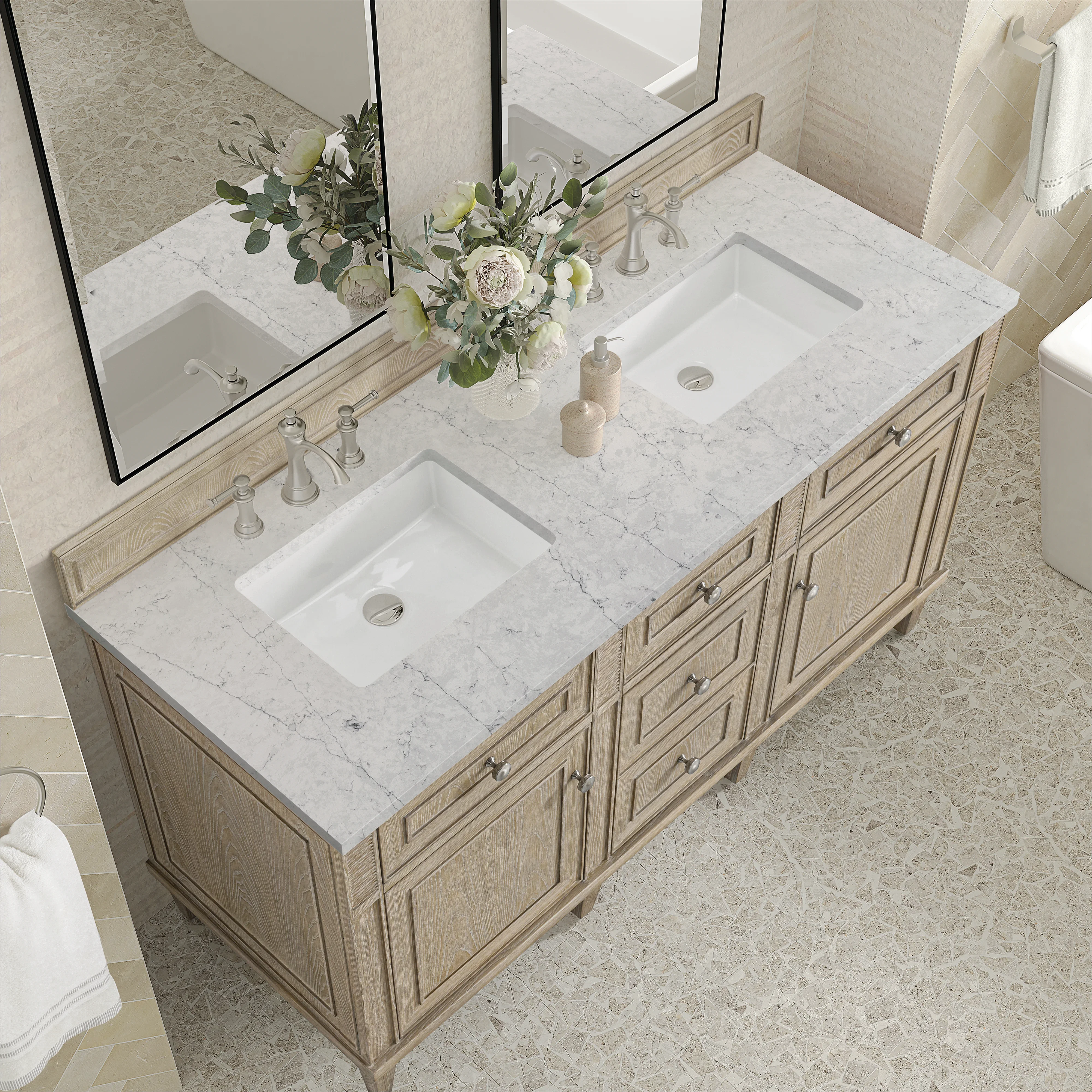 Lorelai 60" Double Vanity, Whitewashed Oak w/ 3 CM Eternal Jasmine Pearl Silestone Top