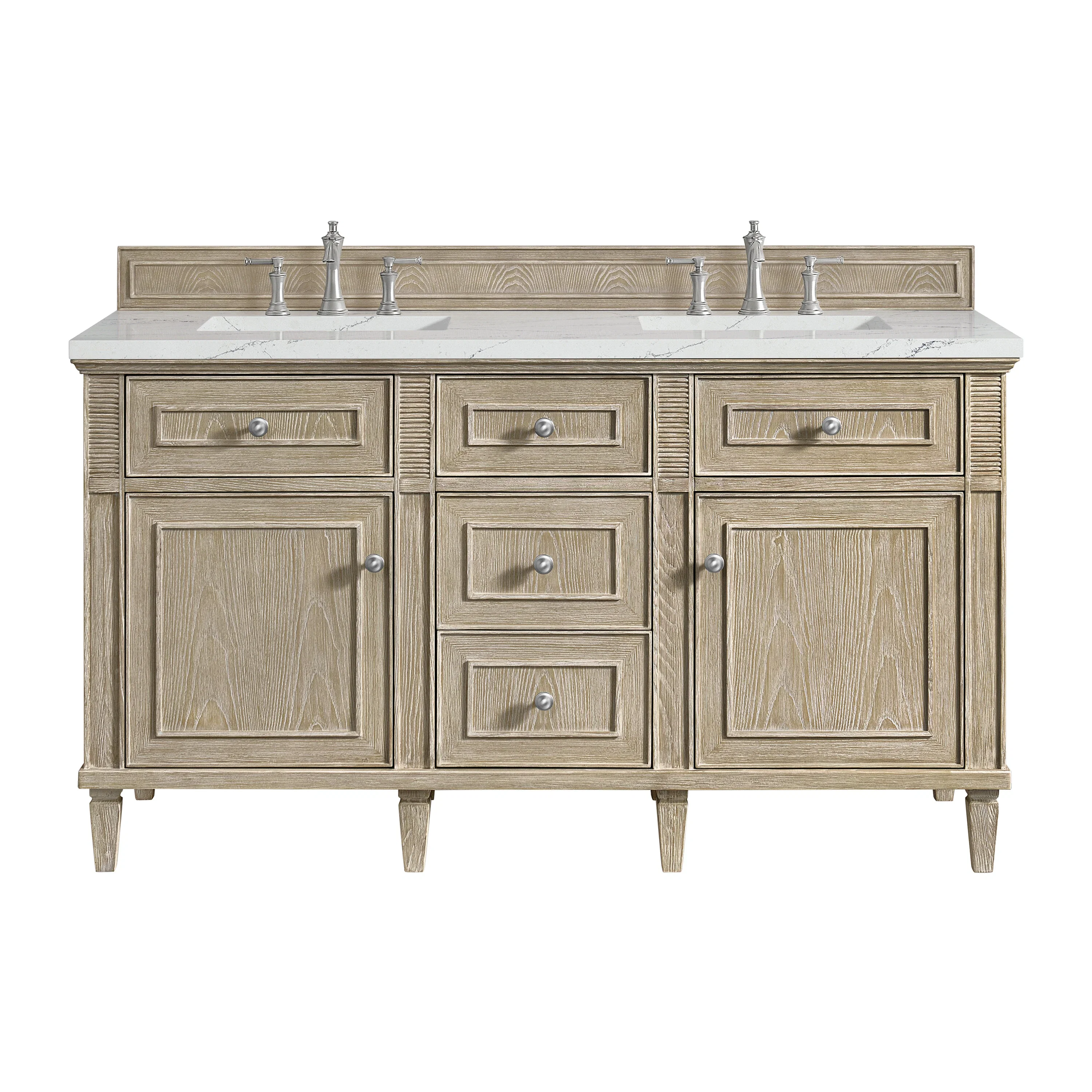 Lorelai 60" Double Vanity, Whitewashed Oak w/ 3 CM Ethereal Noctis Silestone Top