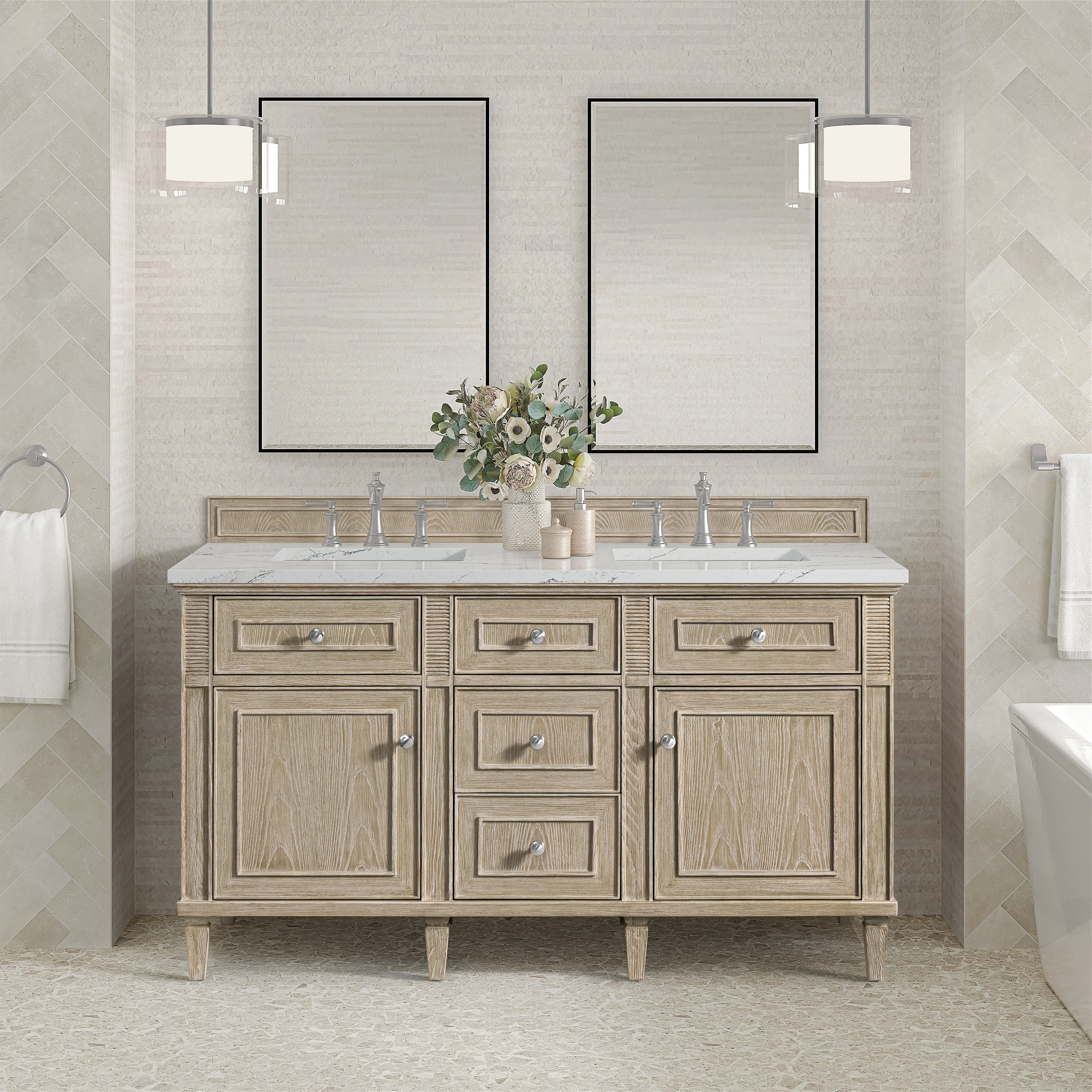 Lorelai 60" Double Vanity, Whitewashed Oak w/ 3 CM Ethereal Noctis Silestone Top