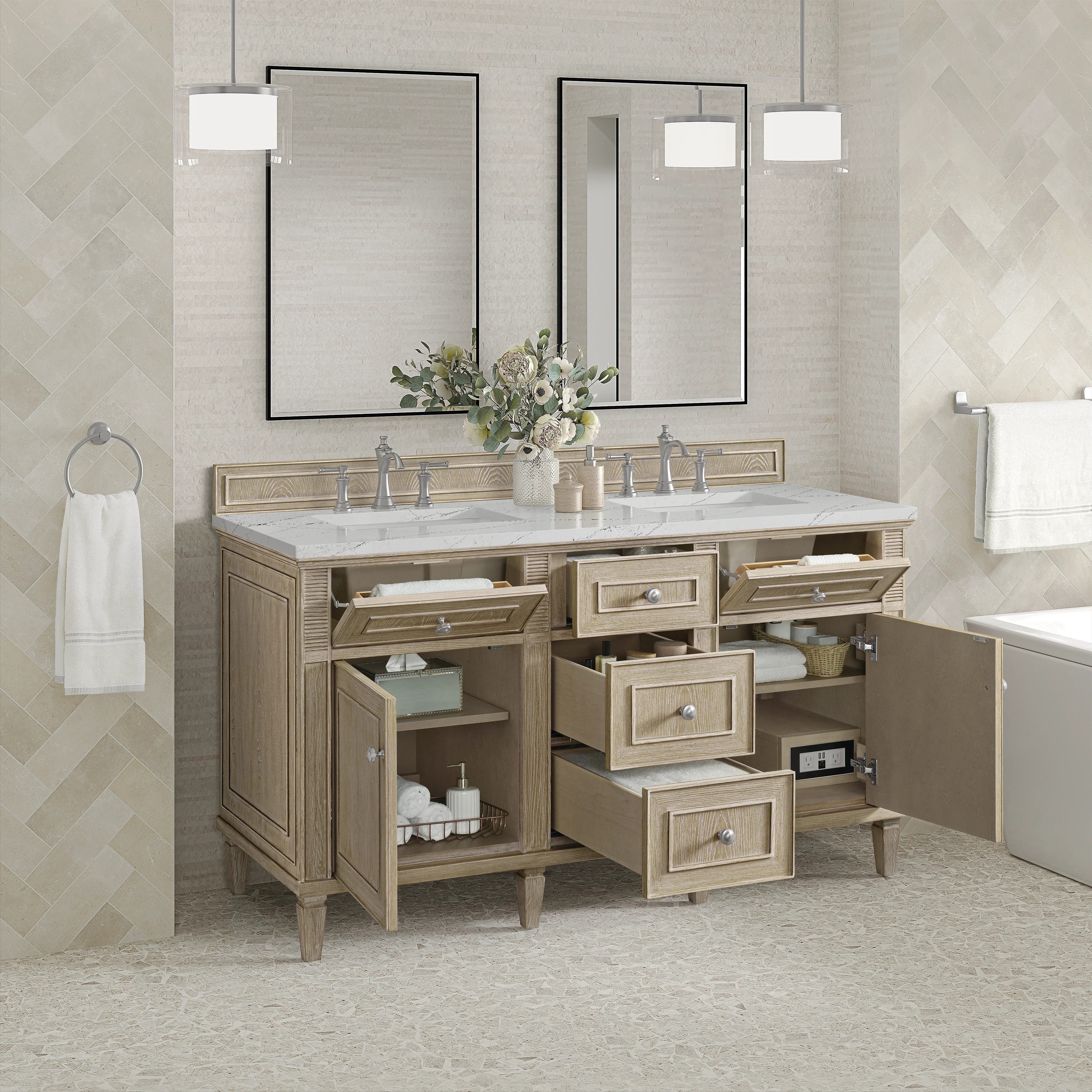 Lorelai 60" Double Vanity, Whitewashed Oak w/ 3 CM Ethereal Noctis Silestone Top