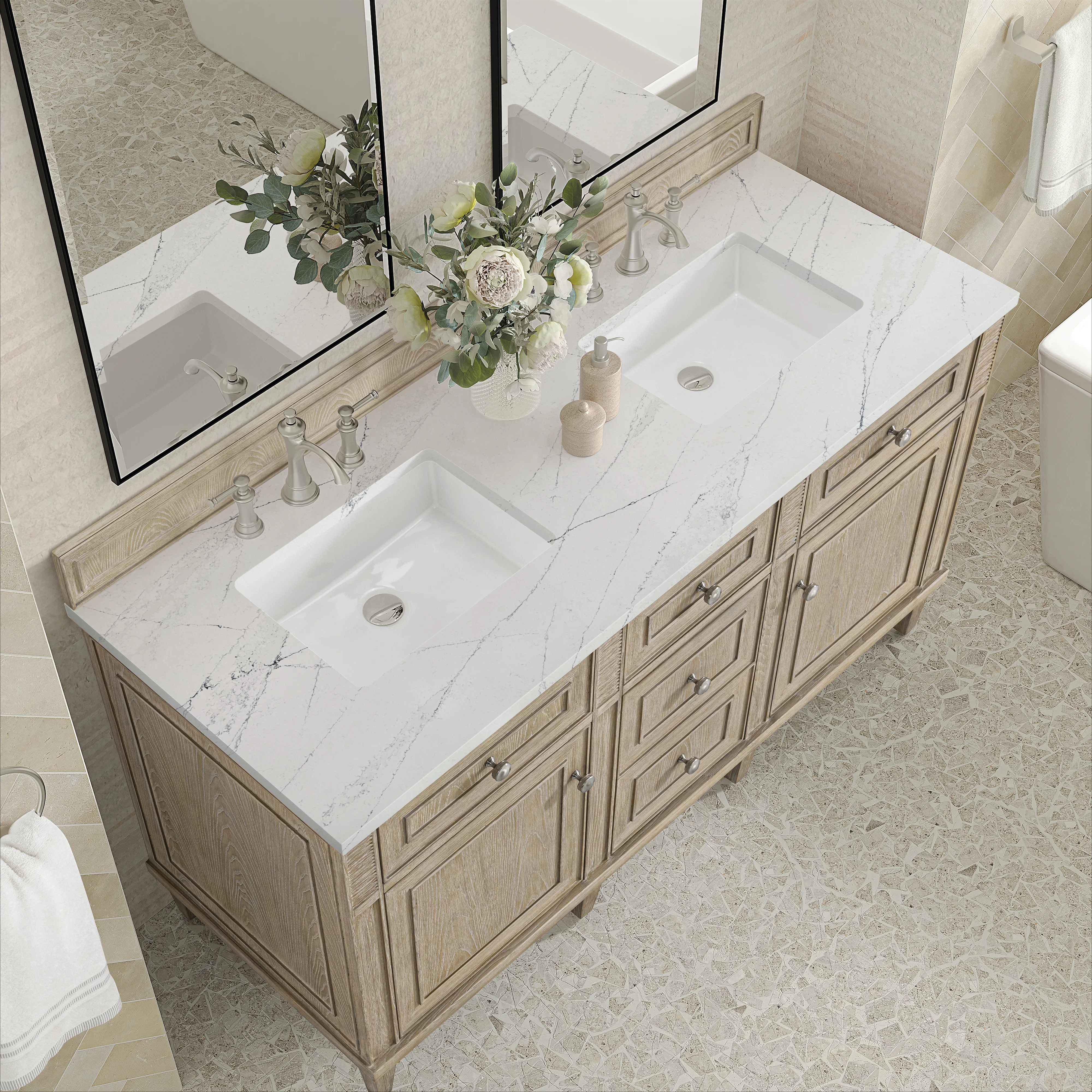 Lorelai 60" Double Vanity, Whitewashed Oak w/ 3 CM Ethereal Noctis Silestone Top