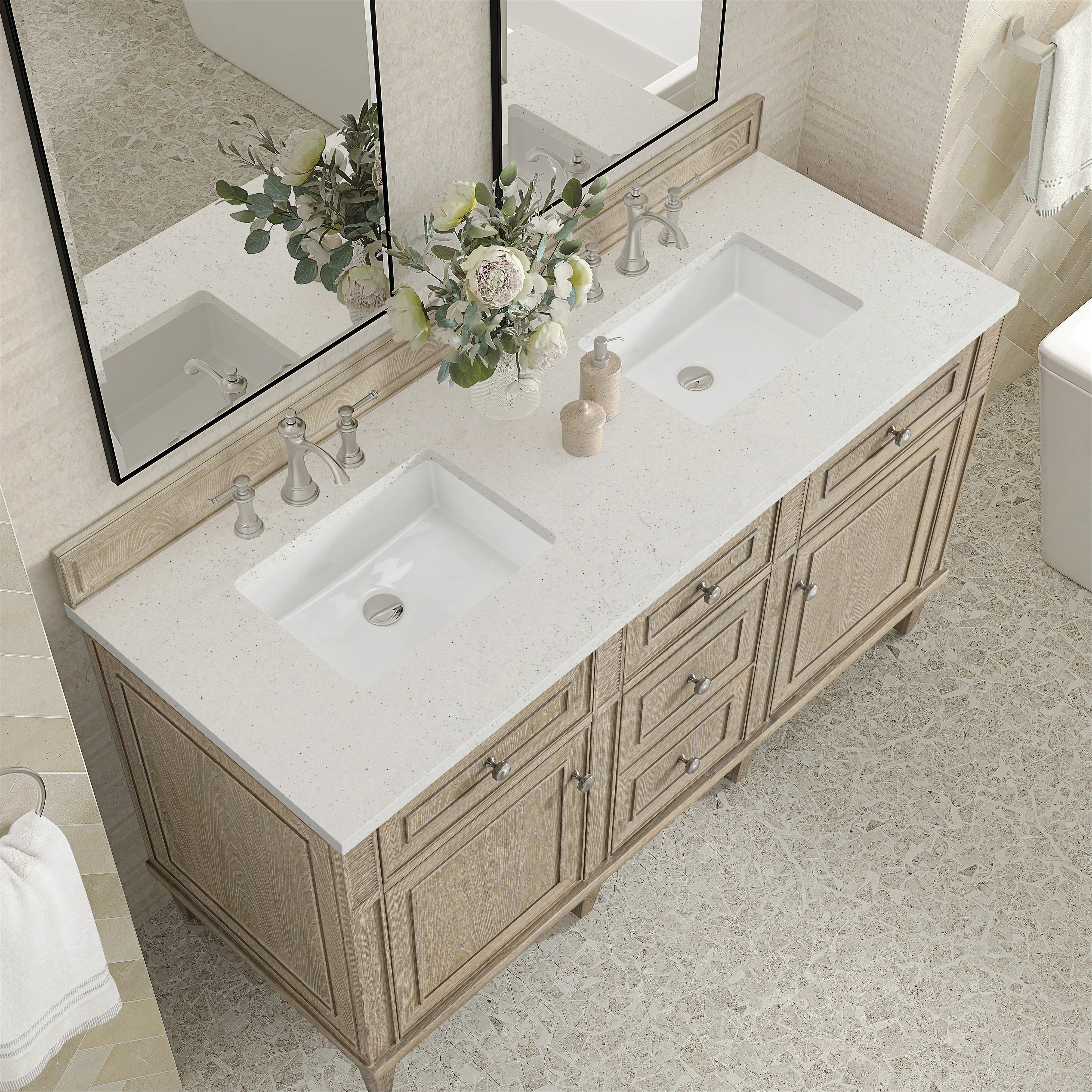 Lorelai 60" Double Vanity, Whitewashed Oak w/ 3 CM Lime Delight Silestone Top