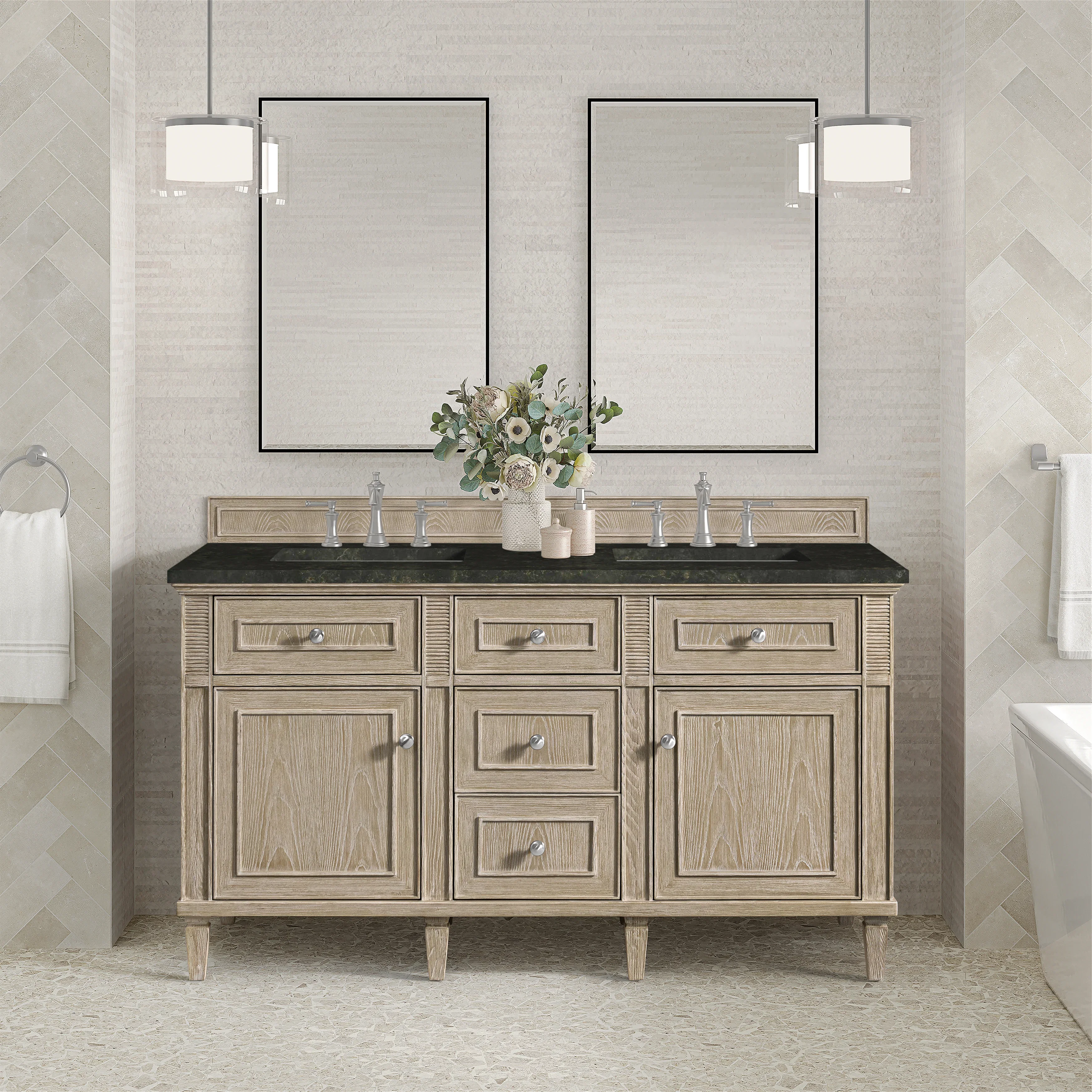 Lorelai 60" Double Vanity, Whitewashed Oak, w/ 3 CM Phantome Eclos Top