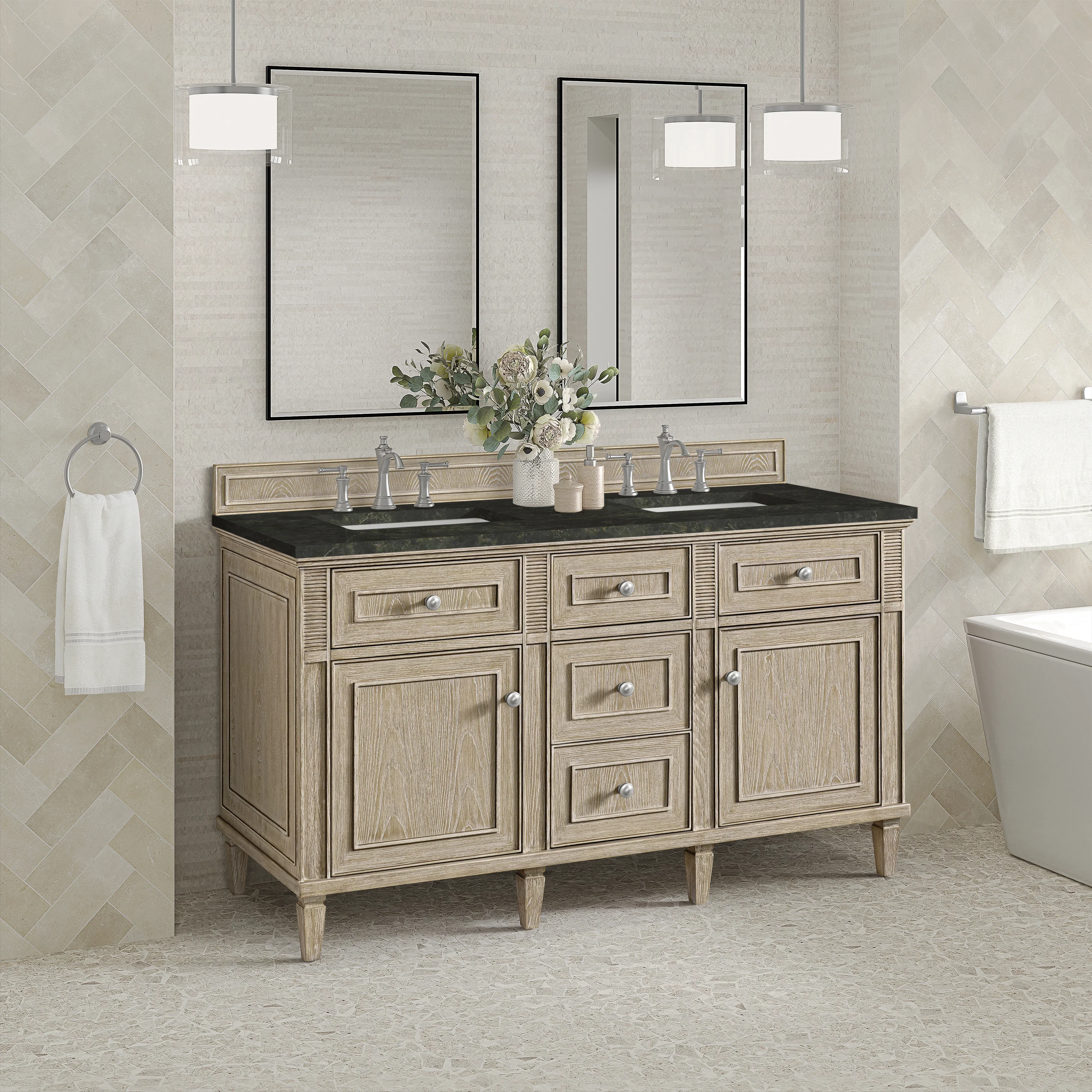Lorelai 60" Double Vanity, Whitewashed Oak, w/ 3 CM Phantome Eclos Top
