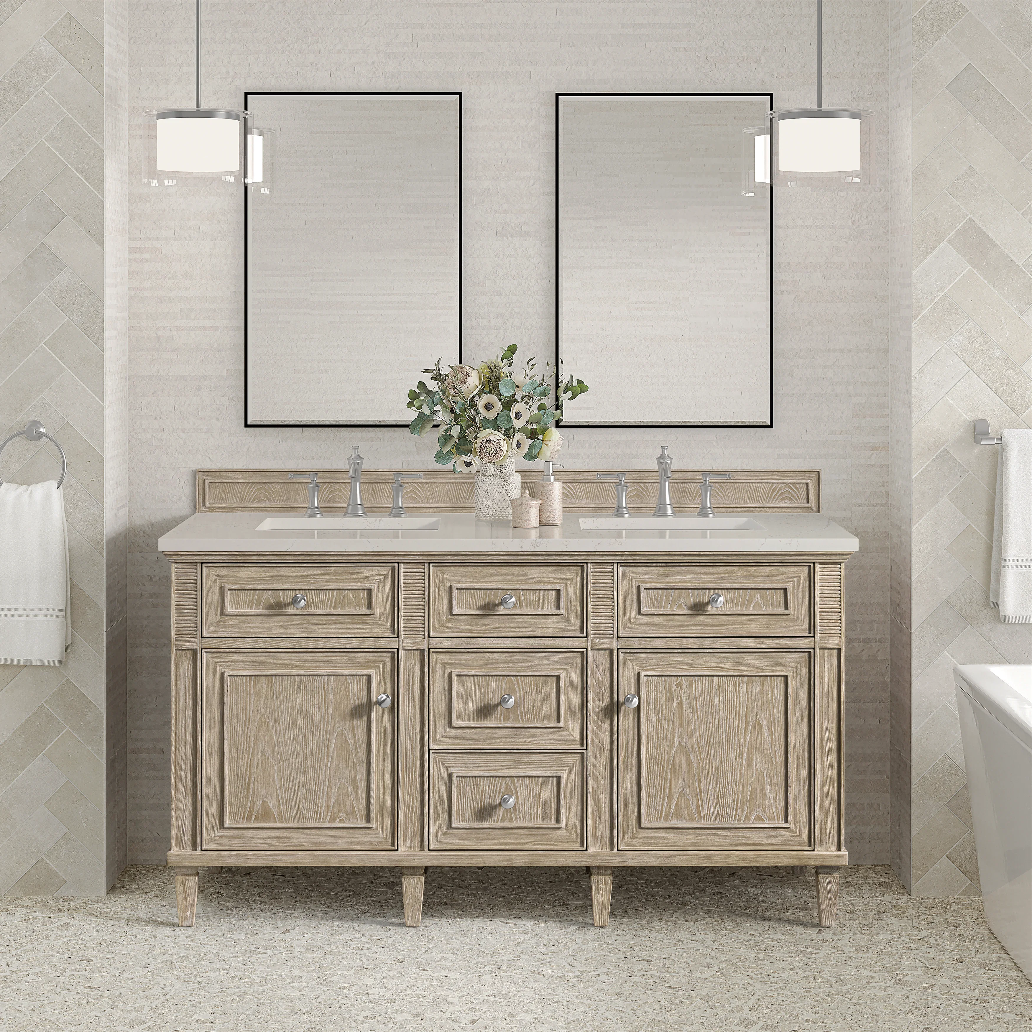 Lorelai 60" Double Vanity, Whitewashed Oak, w/ 3 CM Siberian Silestone Top