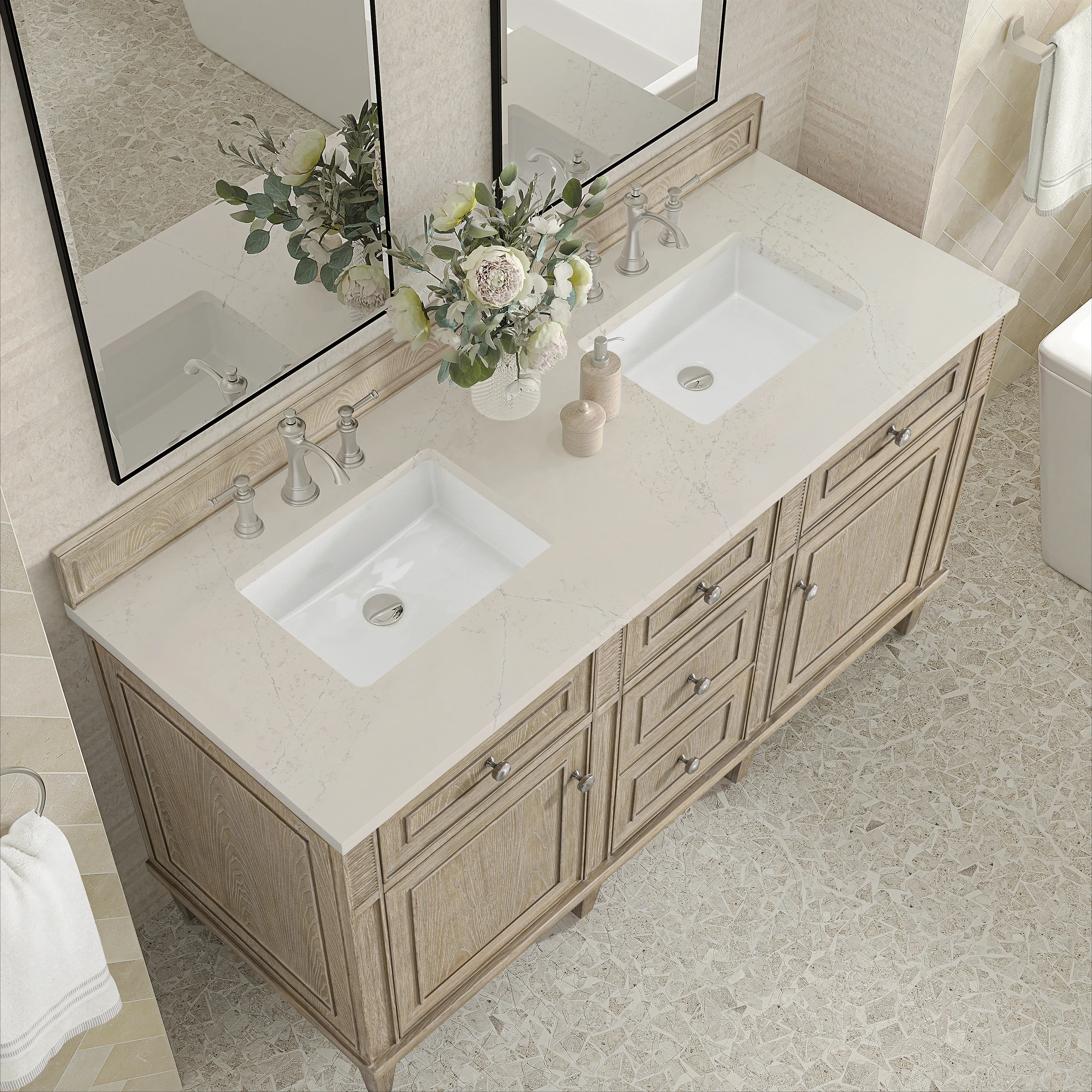 Lorelai 60" Double Vanity, Whitewashed Oak, w/ 3 CM Siberian Silestone Top