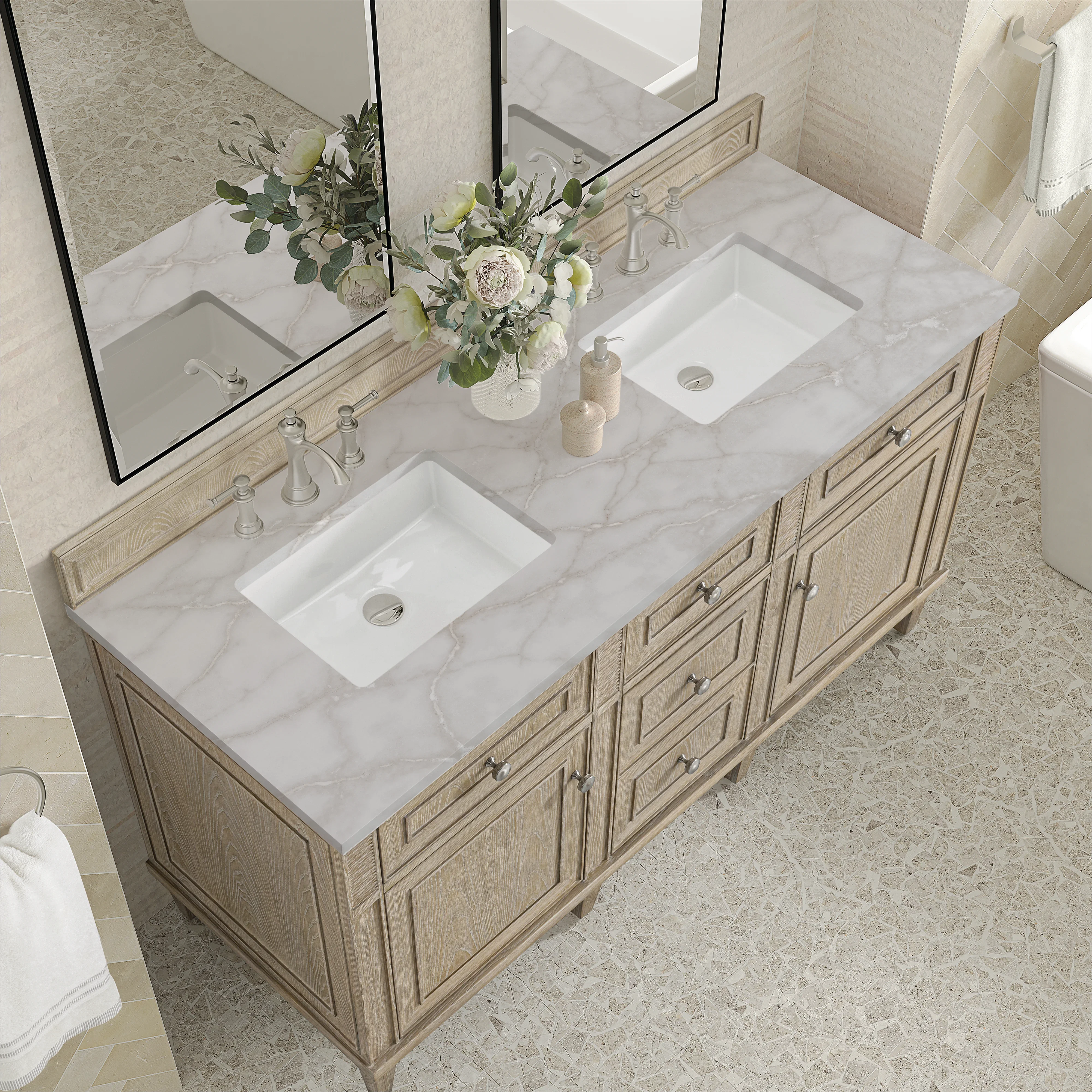 Lorelai 60" Double Vanity, Whitewashed Oak w/ 3 CM Victorian Silver Silestone Top