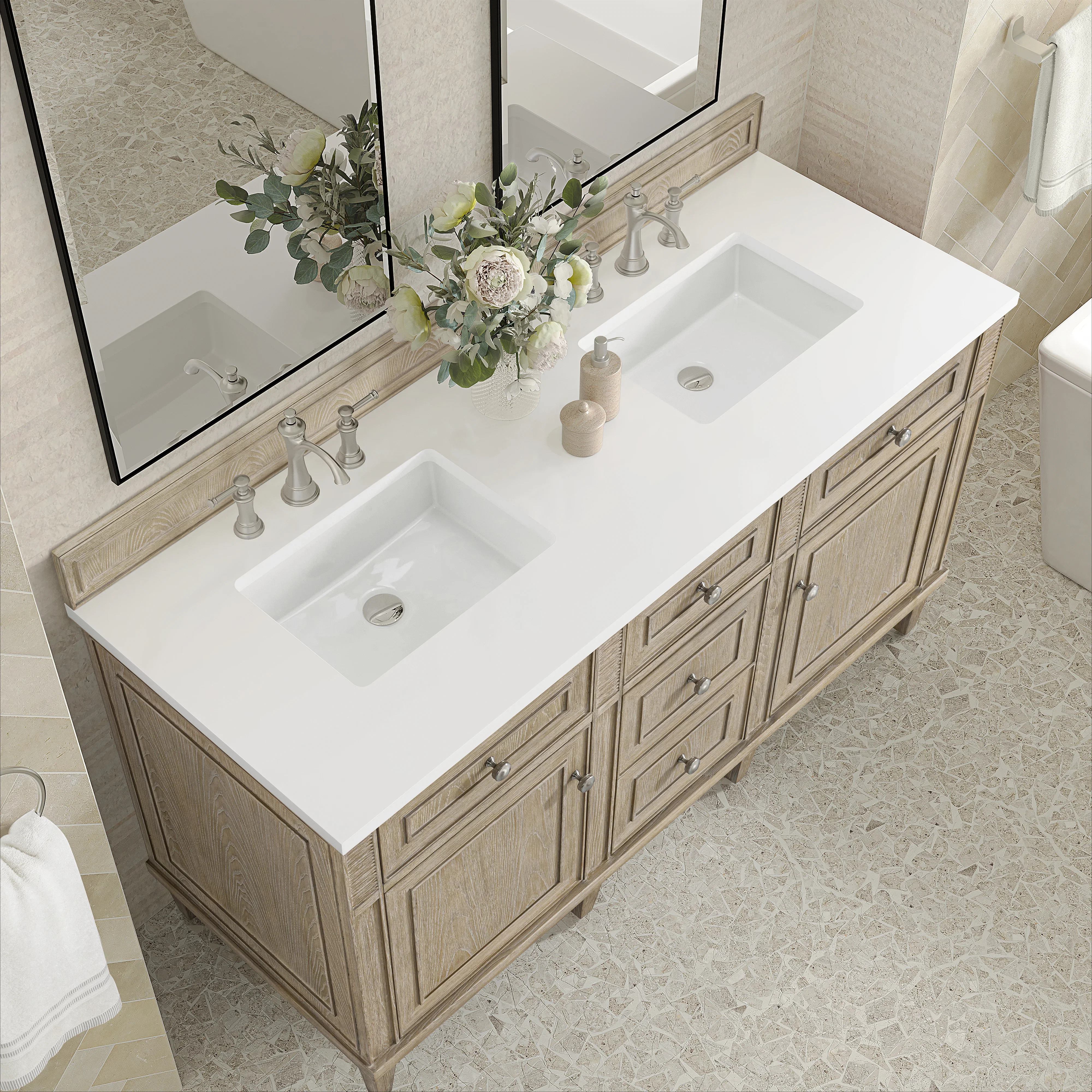 Lorelai 60" Double Vanity, Whitewashed Oak w/ 3 CM White Zeus Silestone Top