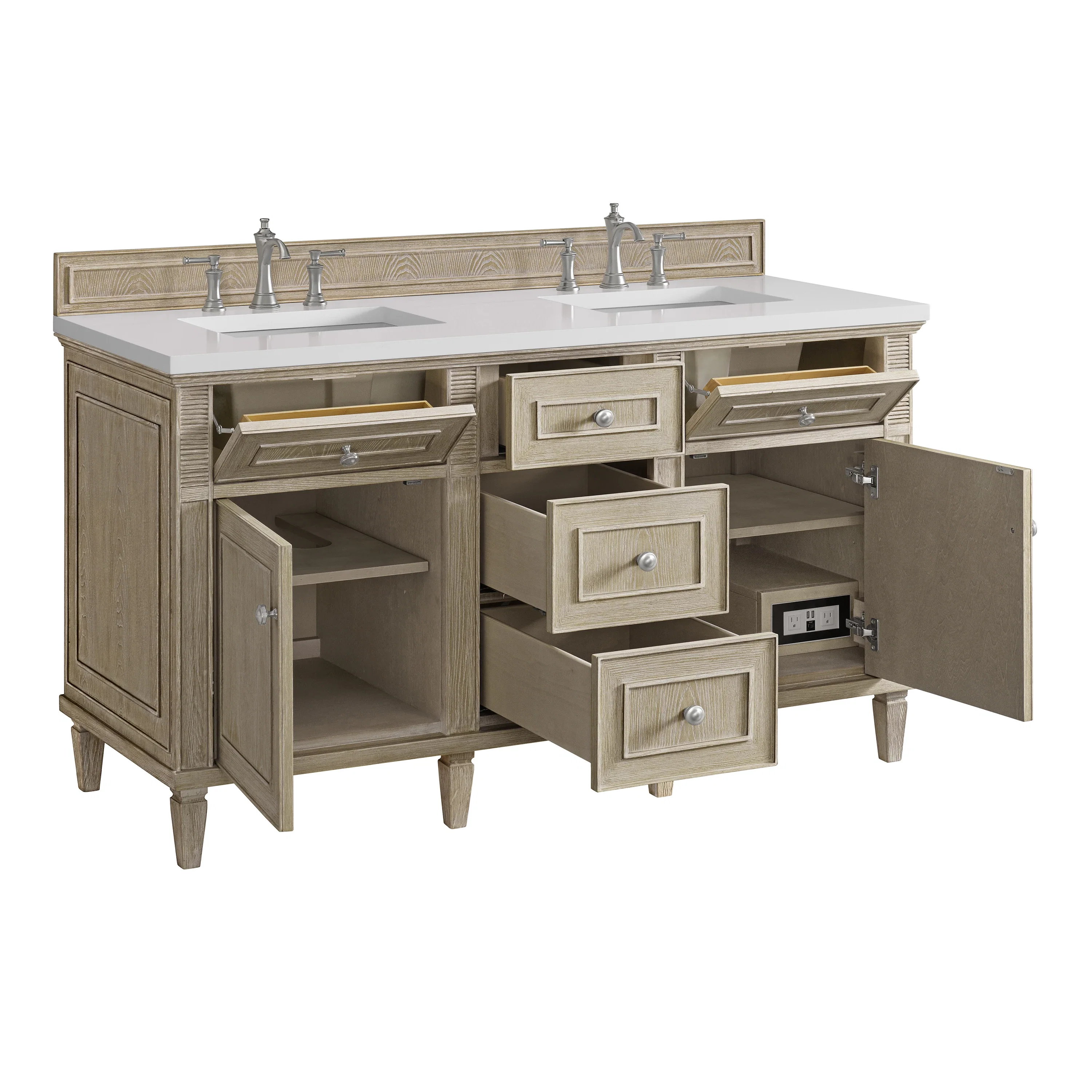 Lorelai 60" Double Vanity, Whitewashed Oak w/ 3 CM White Zeus Silestone Top