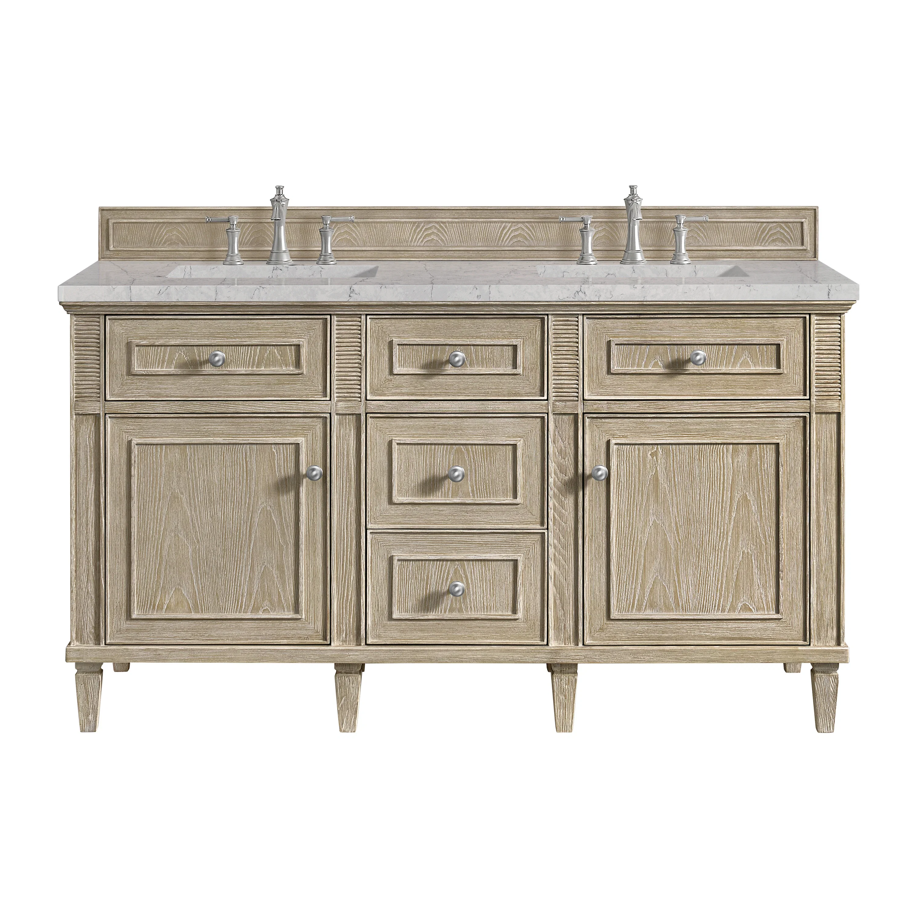 Lorelai 60" Double Vanity, Whitewashed Oak w/ 3 CM Eternal Jasmine Pearl Silestone Top w/FreePower Wireless Charger