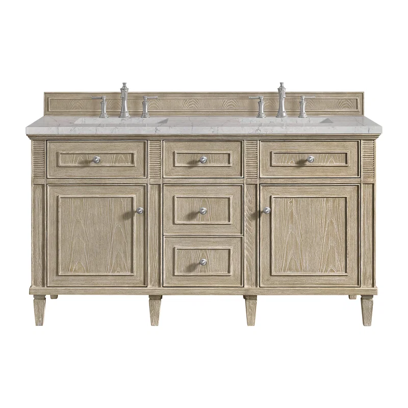 Lorelai 60" Double Vanity, Whitewashed Oak w/ 3 CM Eternal Jasmine Pearl Silestone Top w/FreePower Wireless Charger