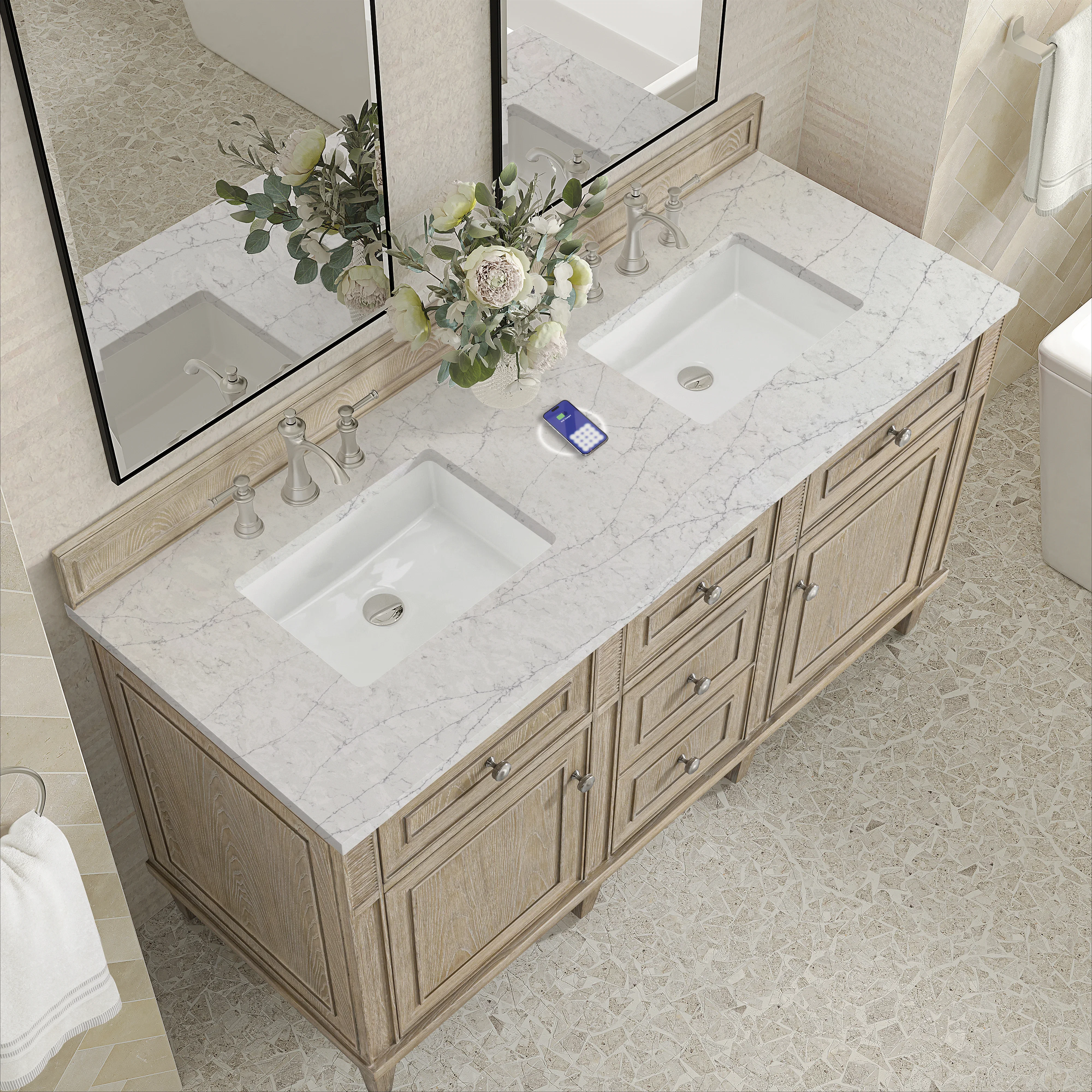 Lorelai 60" Double Vanity, Whitewashed Oak w/ 3 CM Eternal Jasmine Pearl Silestone Top w/FreePower Wireless Charger