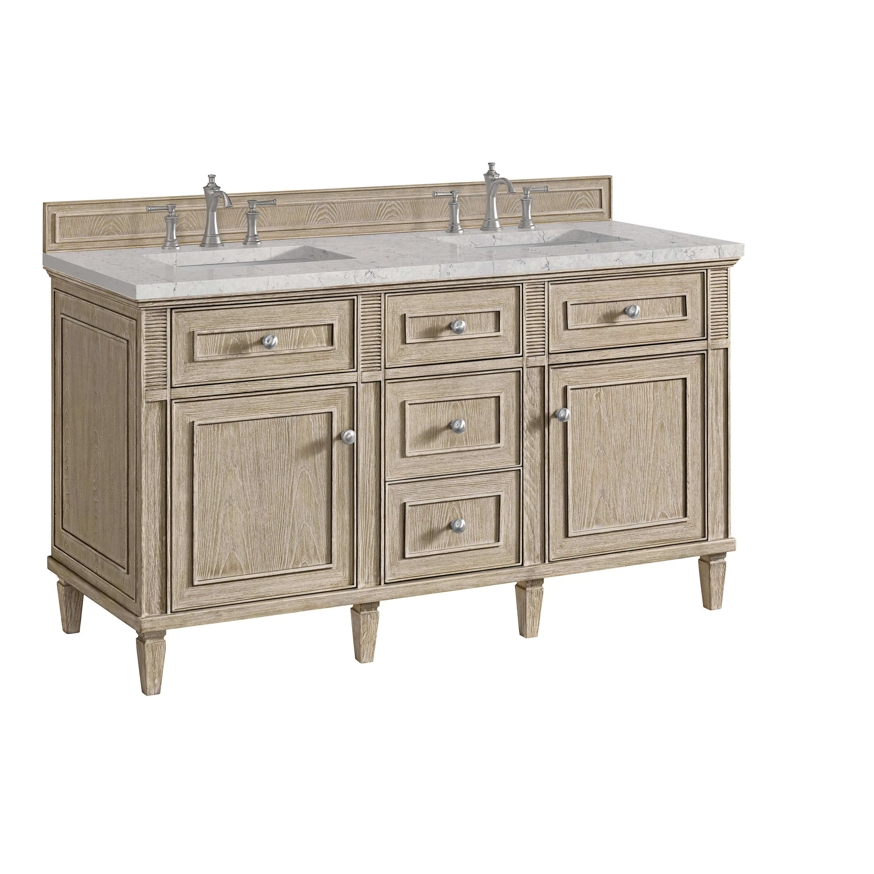 Lorelai 60" Double Vanity, Whitewashed Oak w/ 3 CM Eternal Jasmine Pearl Silestone Top w/FreePower Wireless Charger