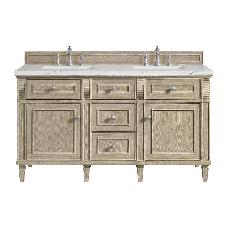 Lorelai 60" Double Vanity, Whitewashed Oak w/ 3 CM Ethereal Noctis Silestone Top w/FreePower Wireless Charger