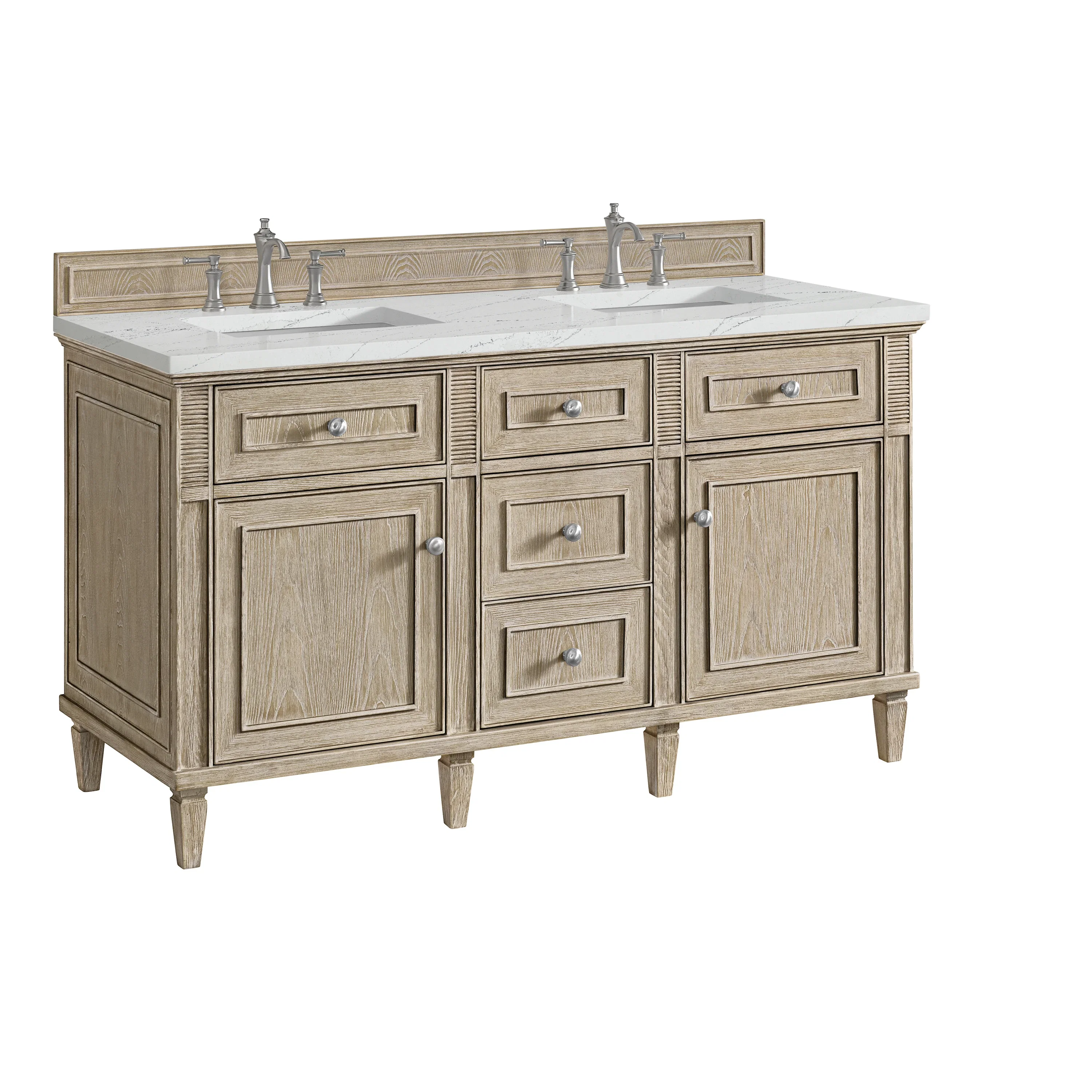 Lorelai 60" Double Vanity, Whitewashed Oak w/ 3 CM Ethereal Noctis Silestone Top w/FreePower Wireless Charger