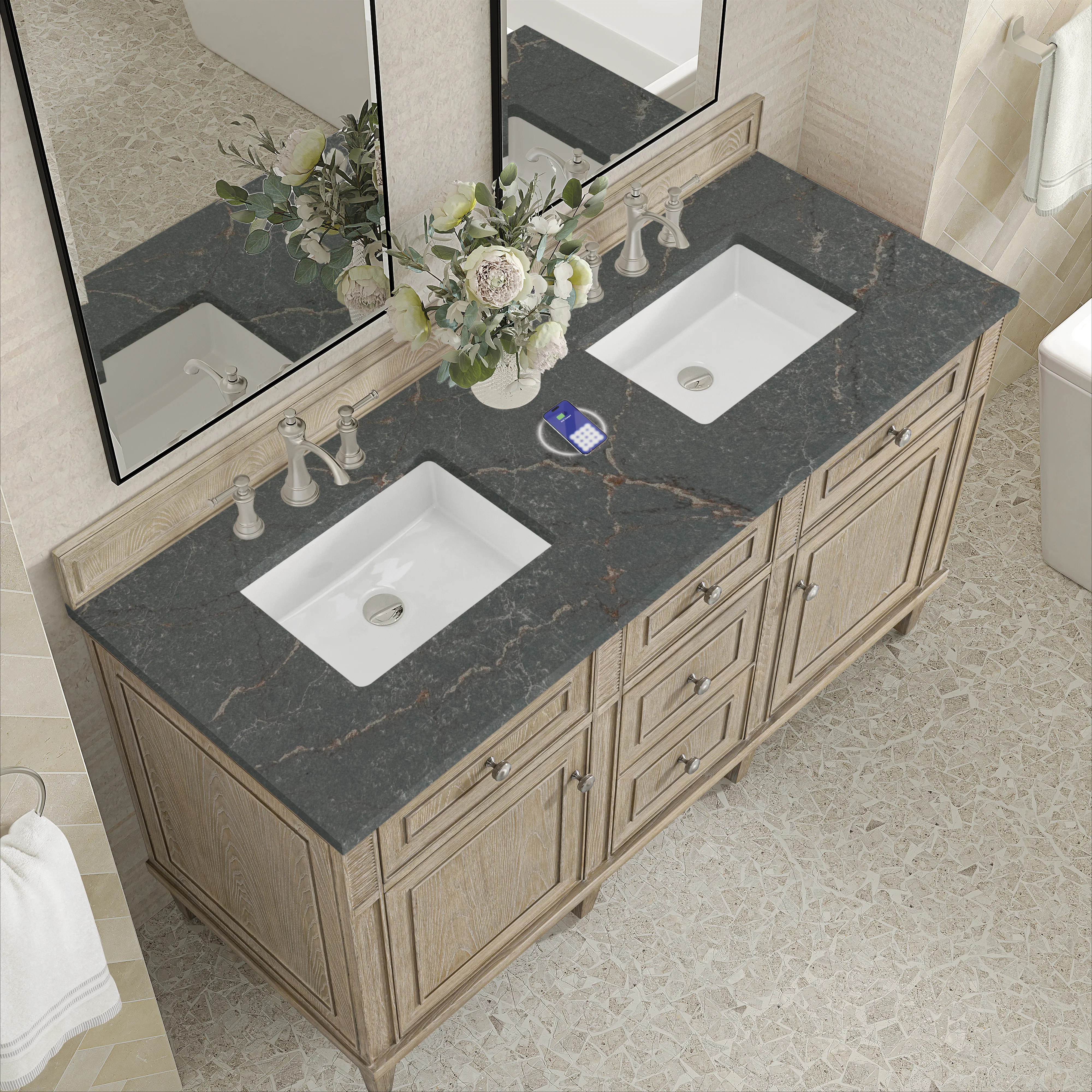 Lorelai 60" Double Vanity, Whitewashed Oak w/ 3 CM Parisien Bleu Silestone Top w/FreePower Wireless Charger