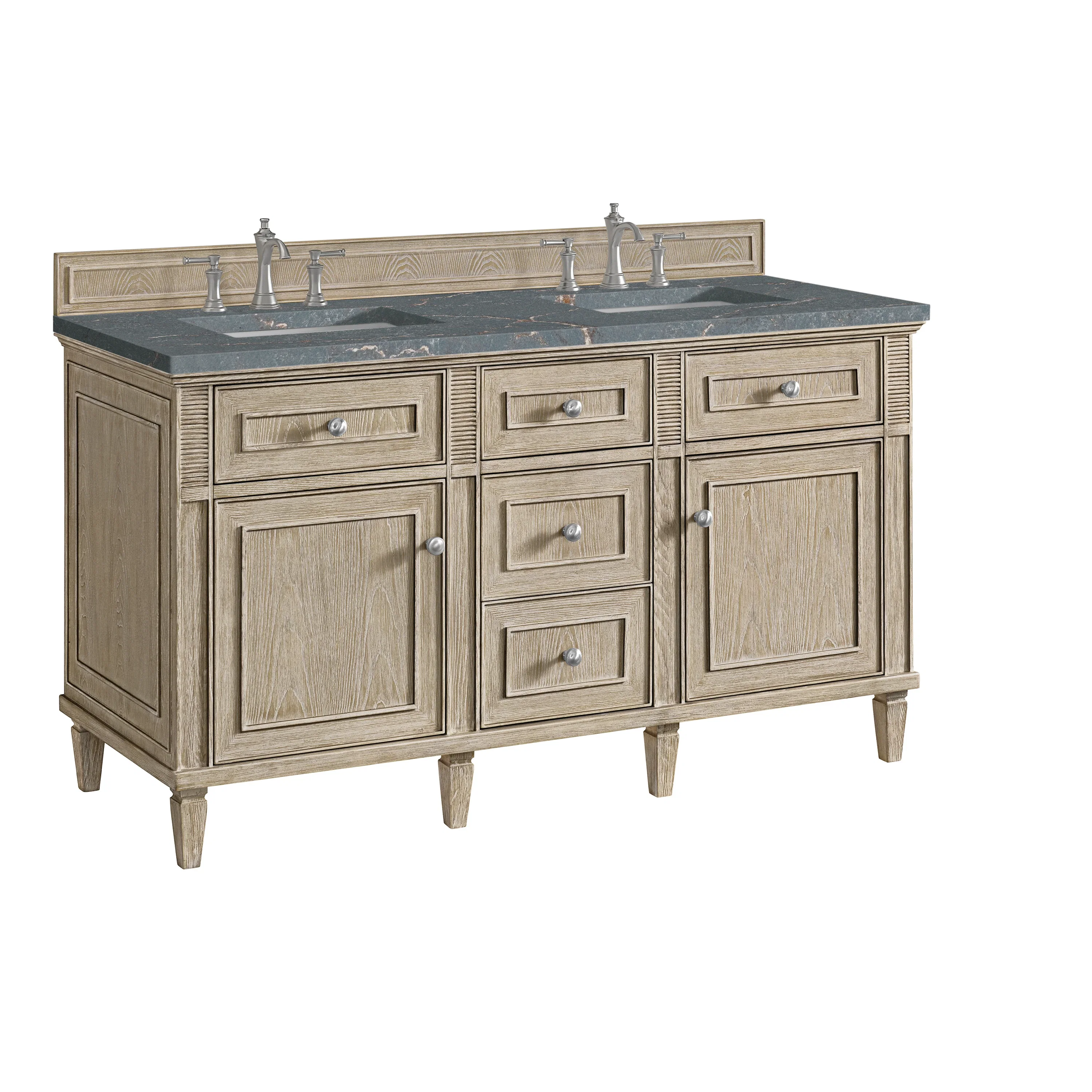 Lorelai 60" Double Vanity, Whitewashed Oak w/ 3 CM Parisien Bleu Silestone Top w/FreePower Wireless Charger