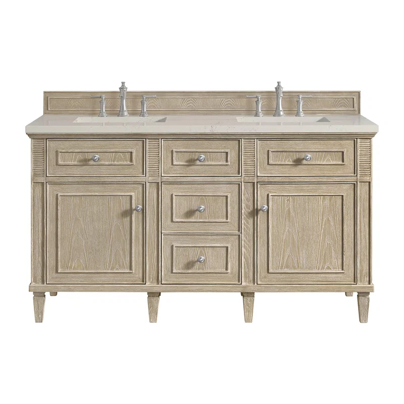 Lorelai 60" Double Vanity, Whitewashed Oak, w/ 3 CM Siberian Silestone Top w/FreePower Wireless Charger