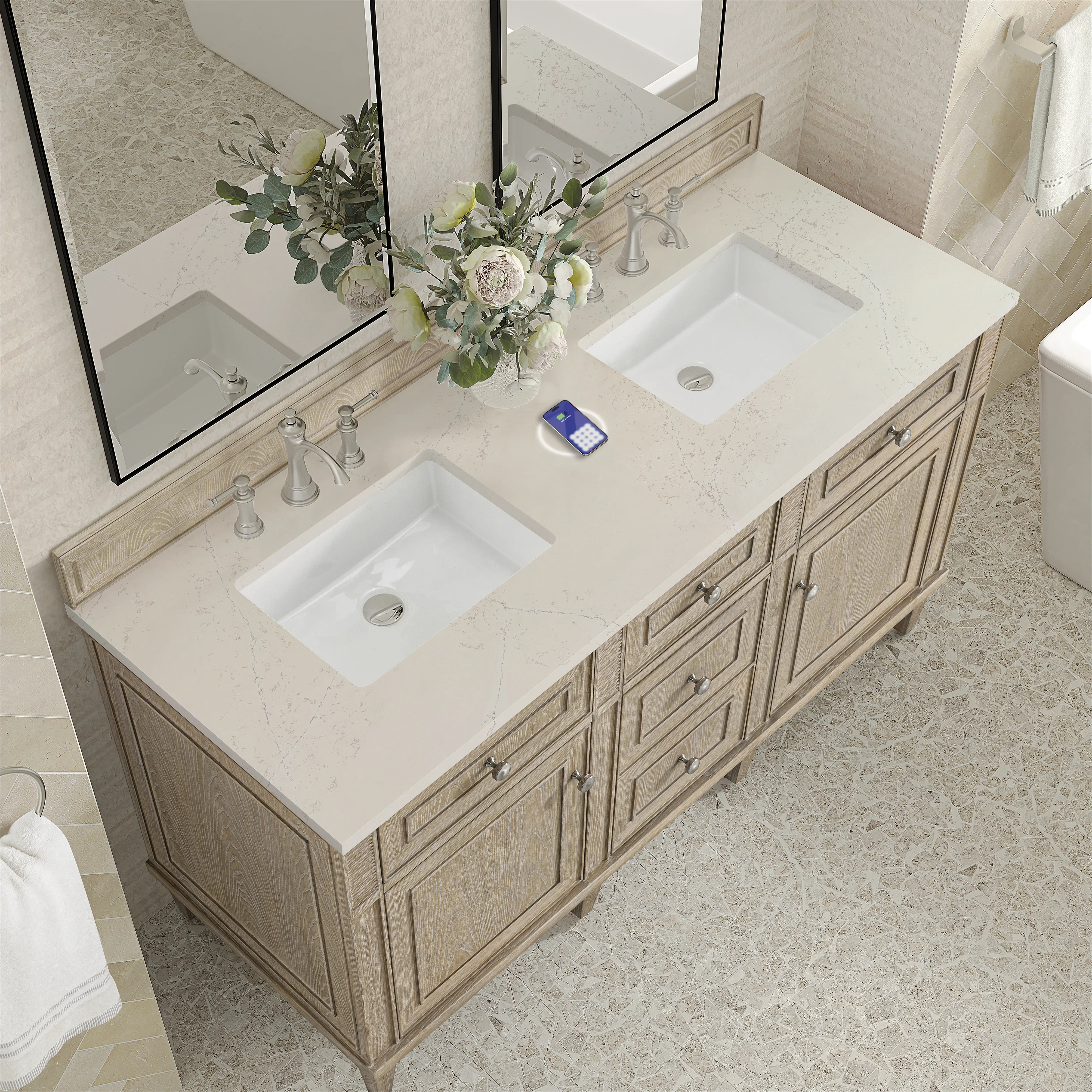 Lorelai 60" Double Vanity, Whitewashed Oak, w/ 3 CM Siberian Silestone Top w/FreePower Wireless Charger